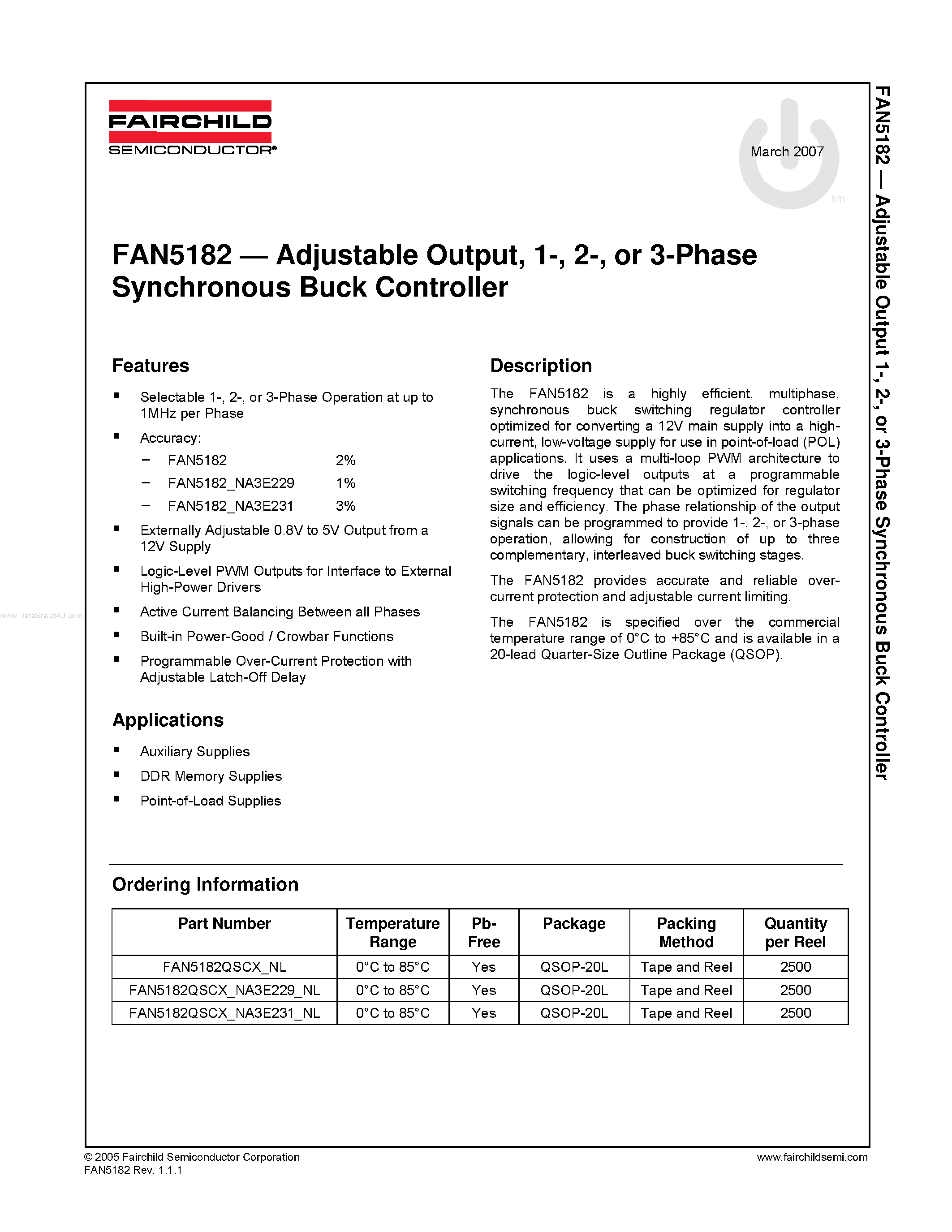 Даташит FAN5182 - Synchronous Buck Controller страница 1