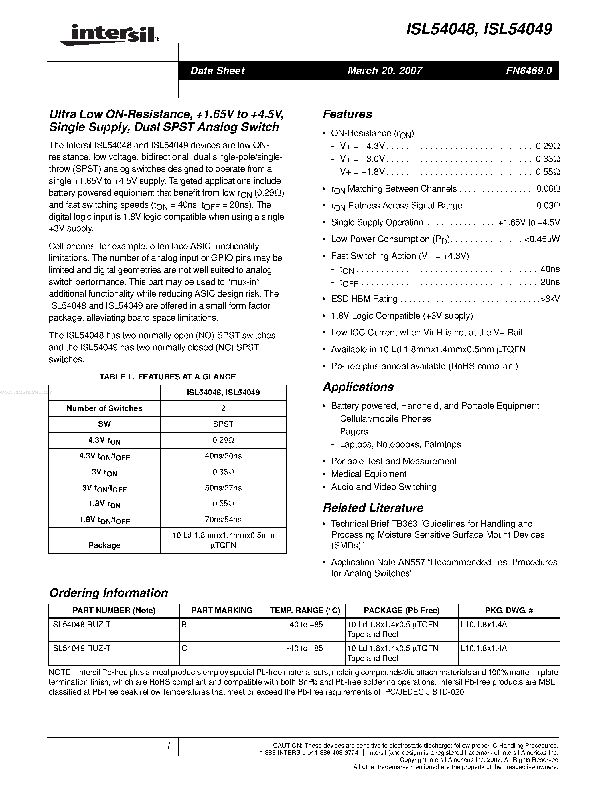 Даташит ISL54048 - (ISL54048 / ISL54049) Dual SPST Analog Switch страница 1