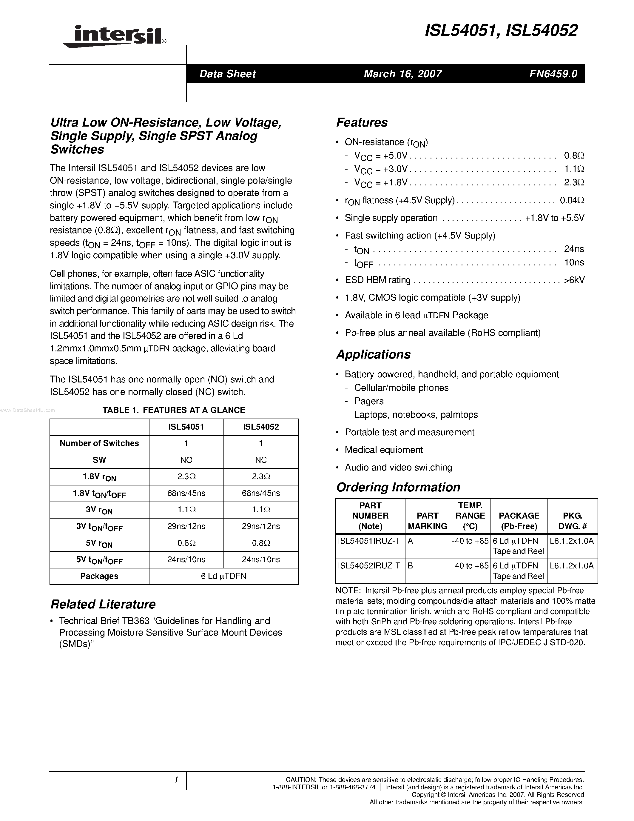 Даташит ISL54051 - (ISL54051 / ISL54052) Single SPST Analog Switches страница 1