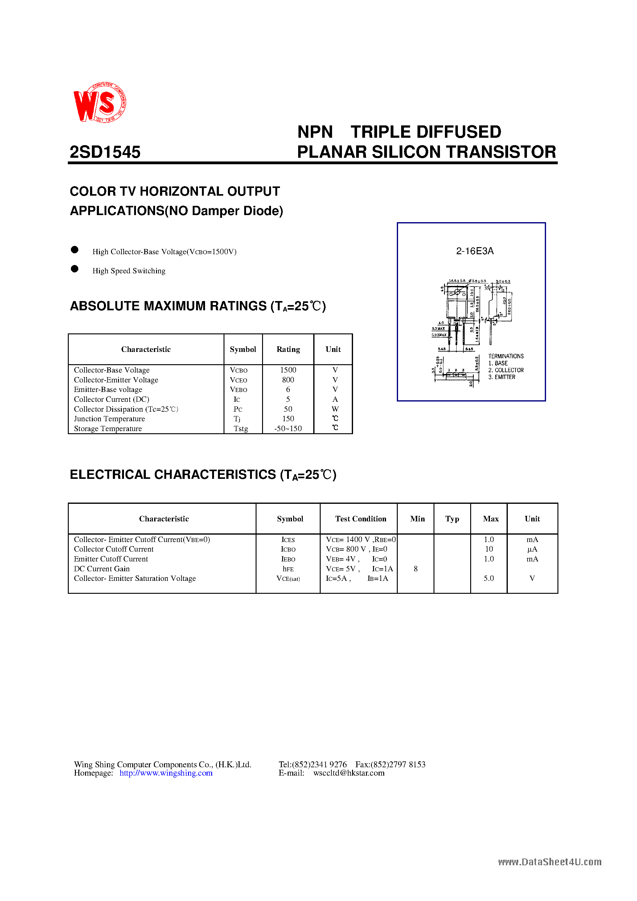 Datasheet D1545 - Search -----> 2SD1545 page 1