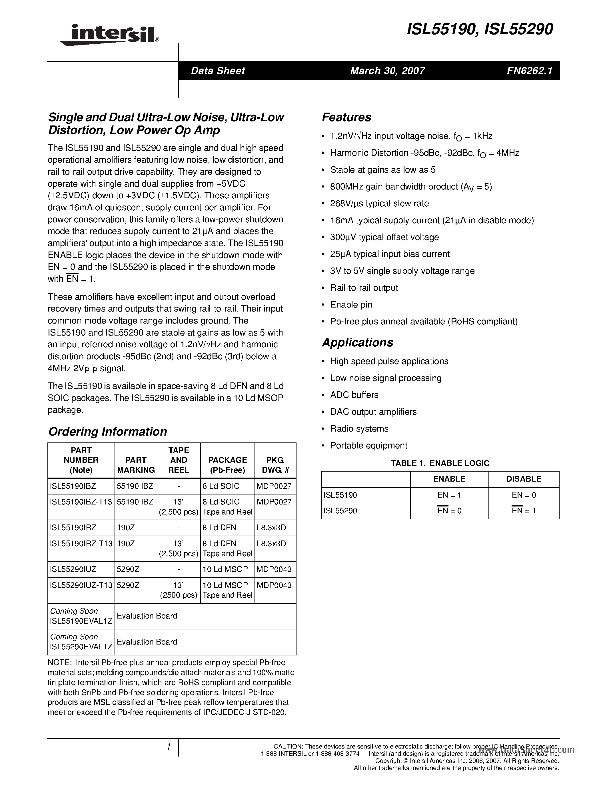 Даташит ISL55190 - (ISL55190 / ISL55290) Low Power Op Amp страница 1