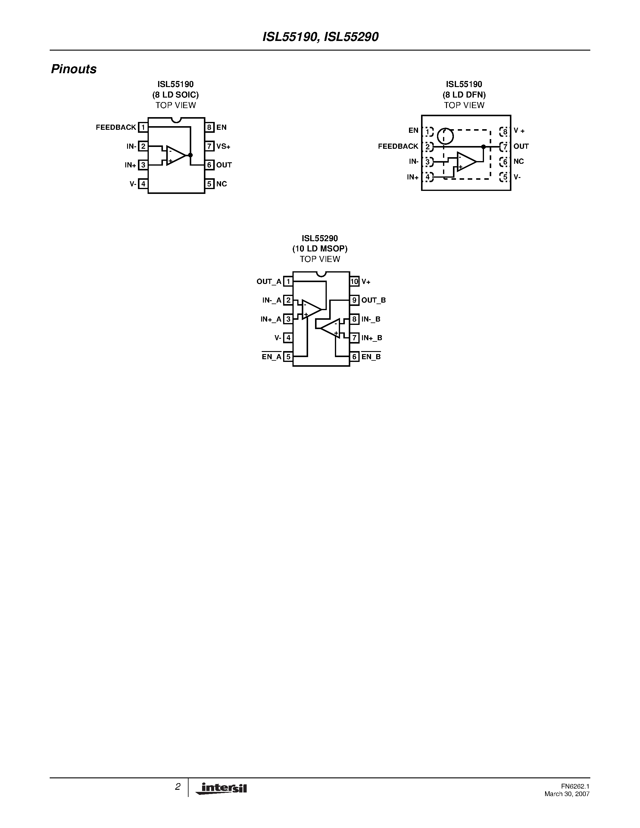 Даташит ISL55190 - (ISL55190 / ISL55290) Low Power Op Amp страница 2