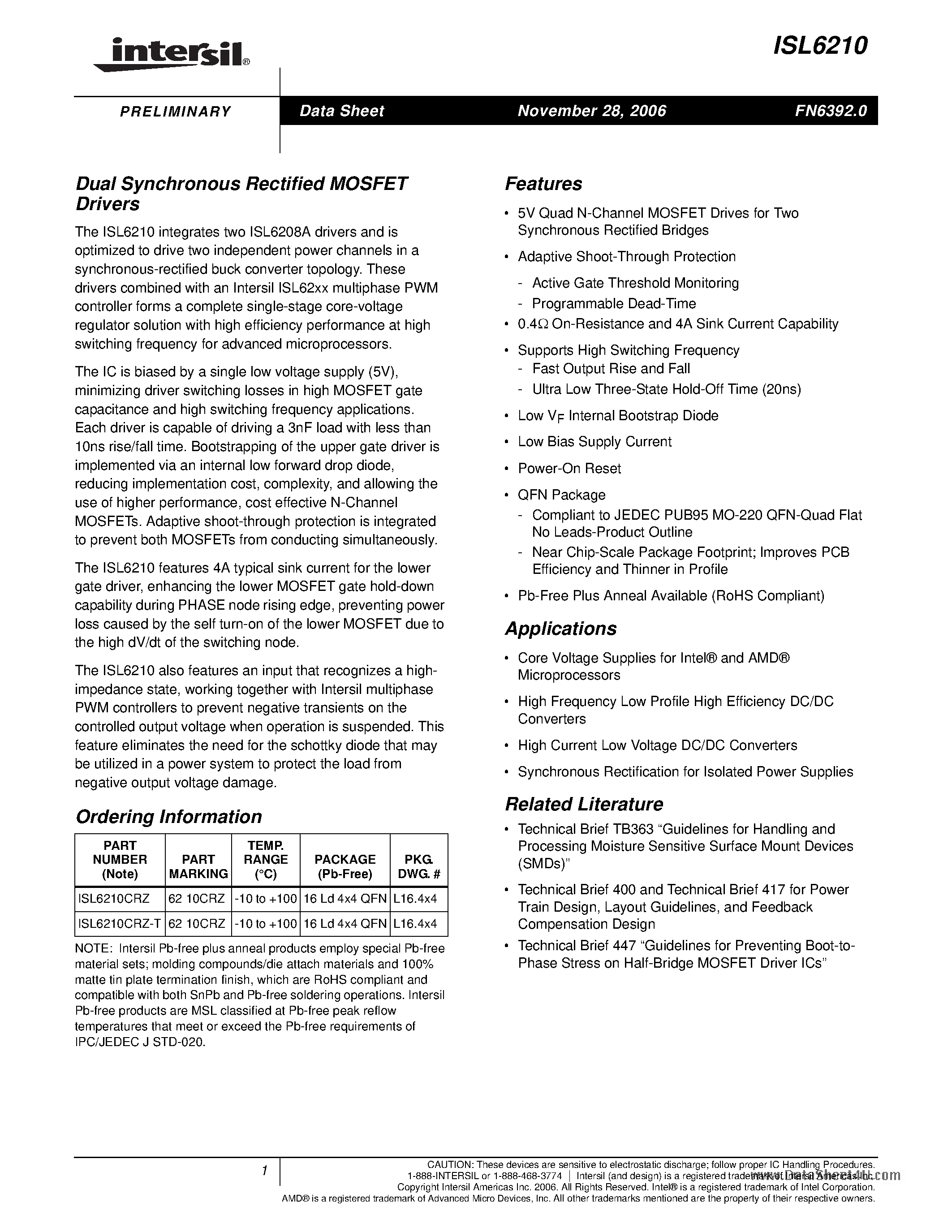 Datasheet ISL6210 - Dual Synchronous Rectified MOSFET Drivers page 1