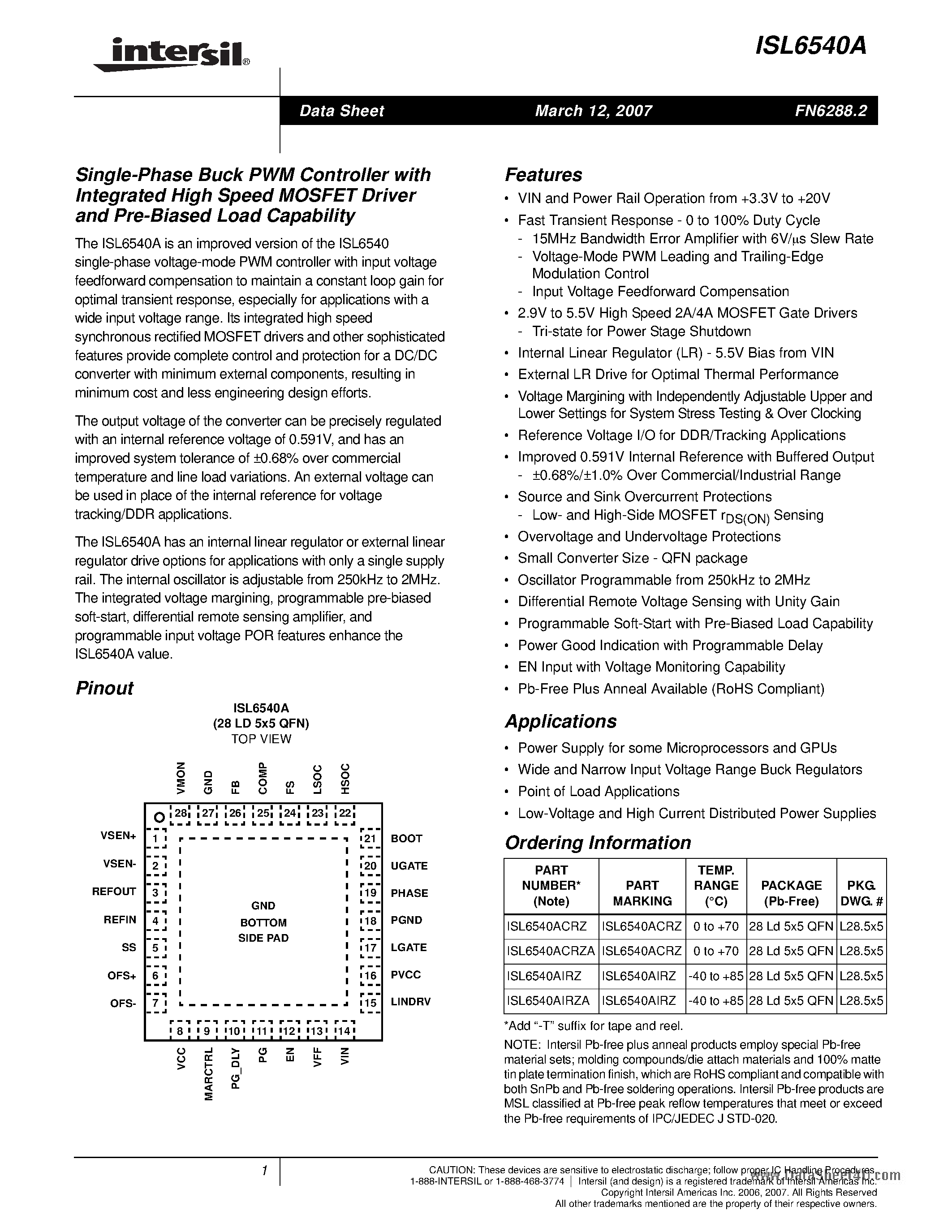 Datasheet ISL6540A - Single-Phase Buck PWM Controller page 1