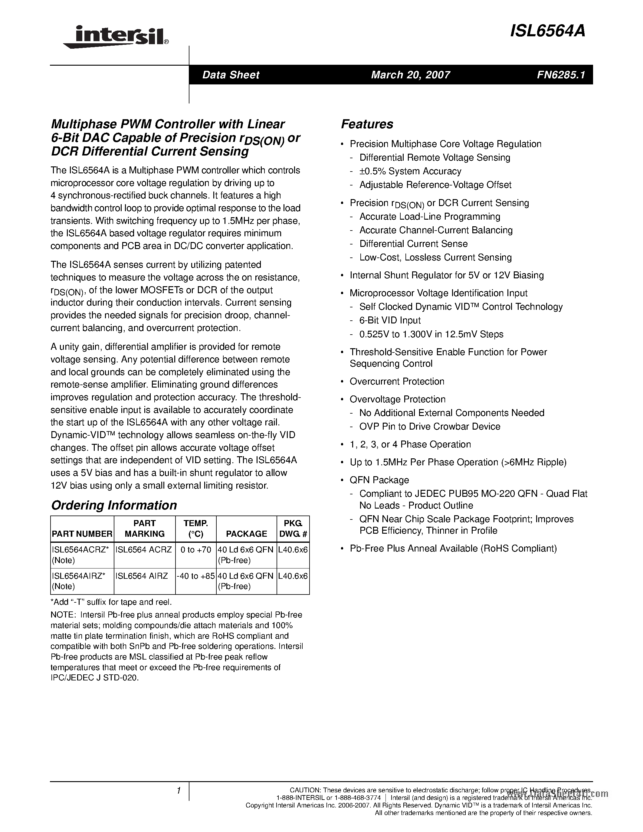 Datasheet ISL6564A - Multiphase PWM Controller page 1