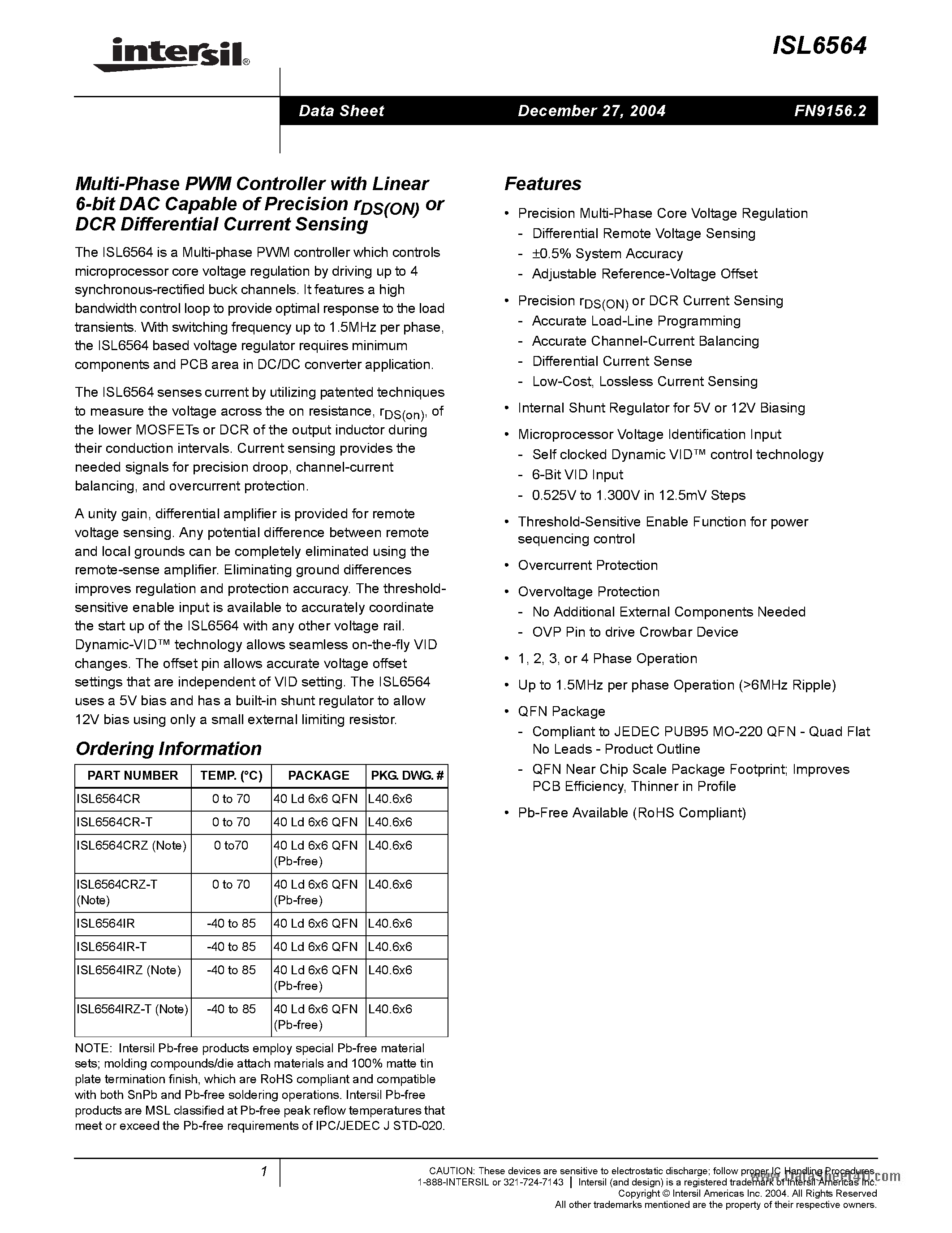 Datasheet ISL6564 - Multiphase PWM Controller page 1