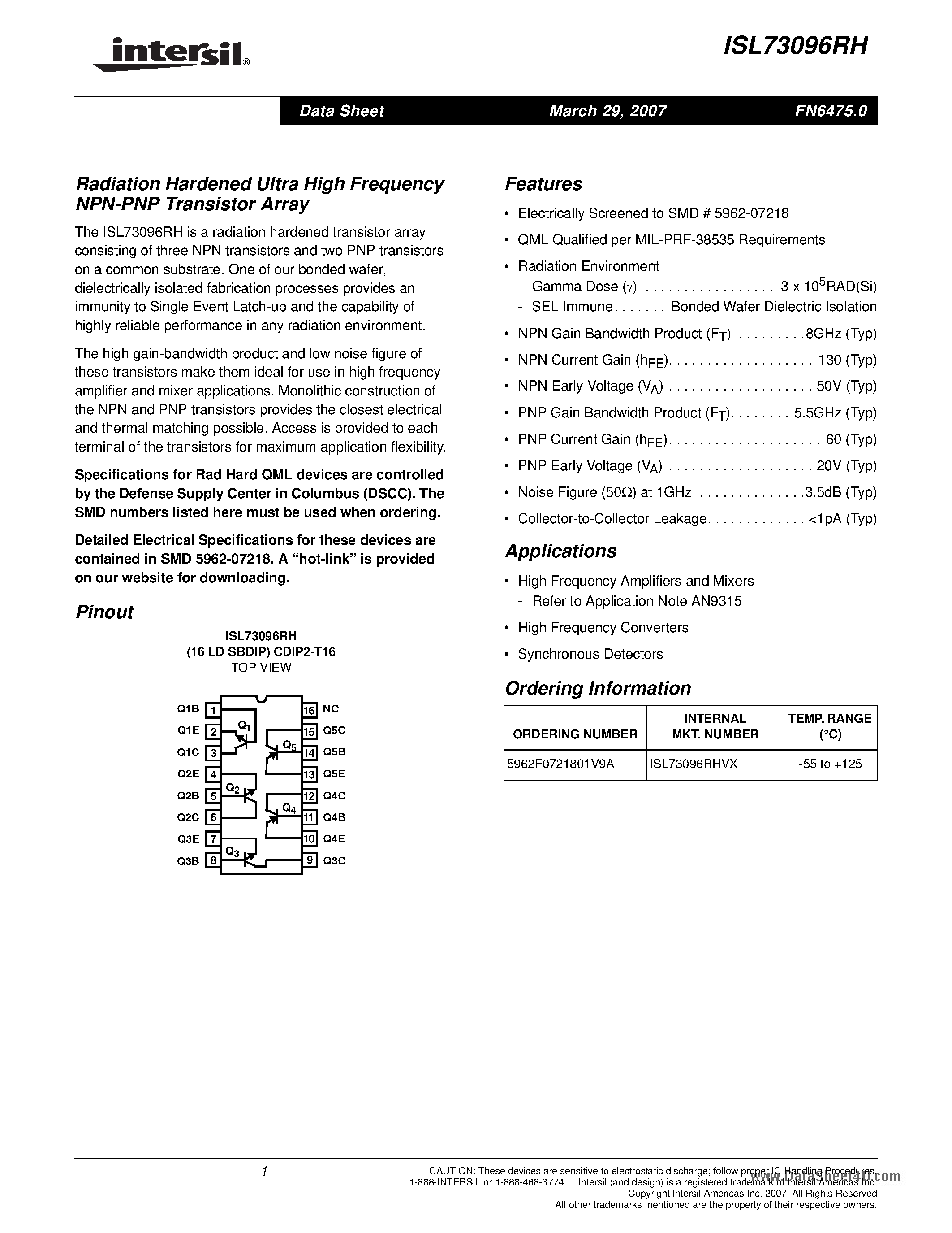 Datasheet ISL73096RH - Radiation Hardened Ultra High Frequency NPN-PNP Transistor Array page 1