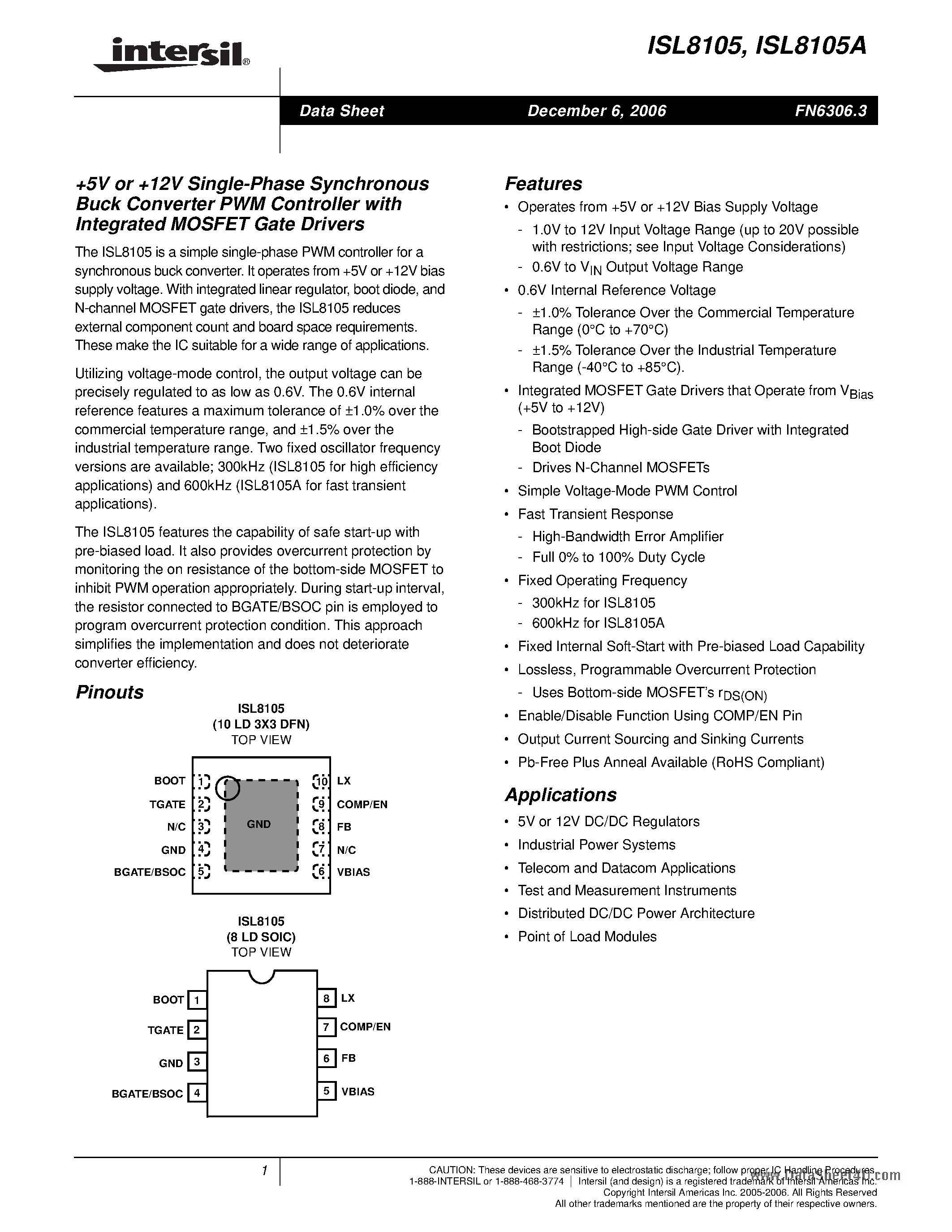 Datasheet ISL8105 - Single-Phase Synchronous Buck Converter PWM page 1