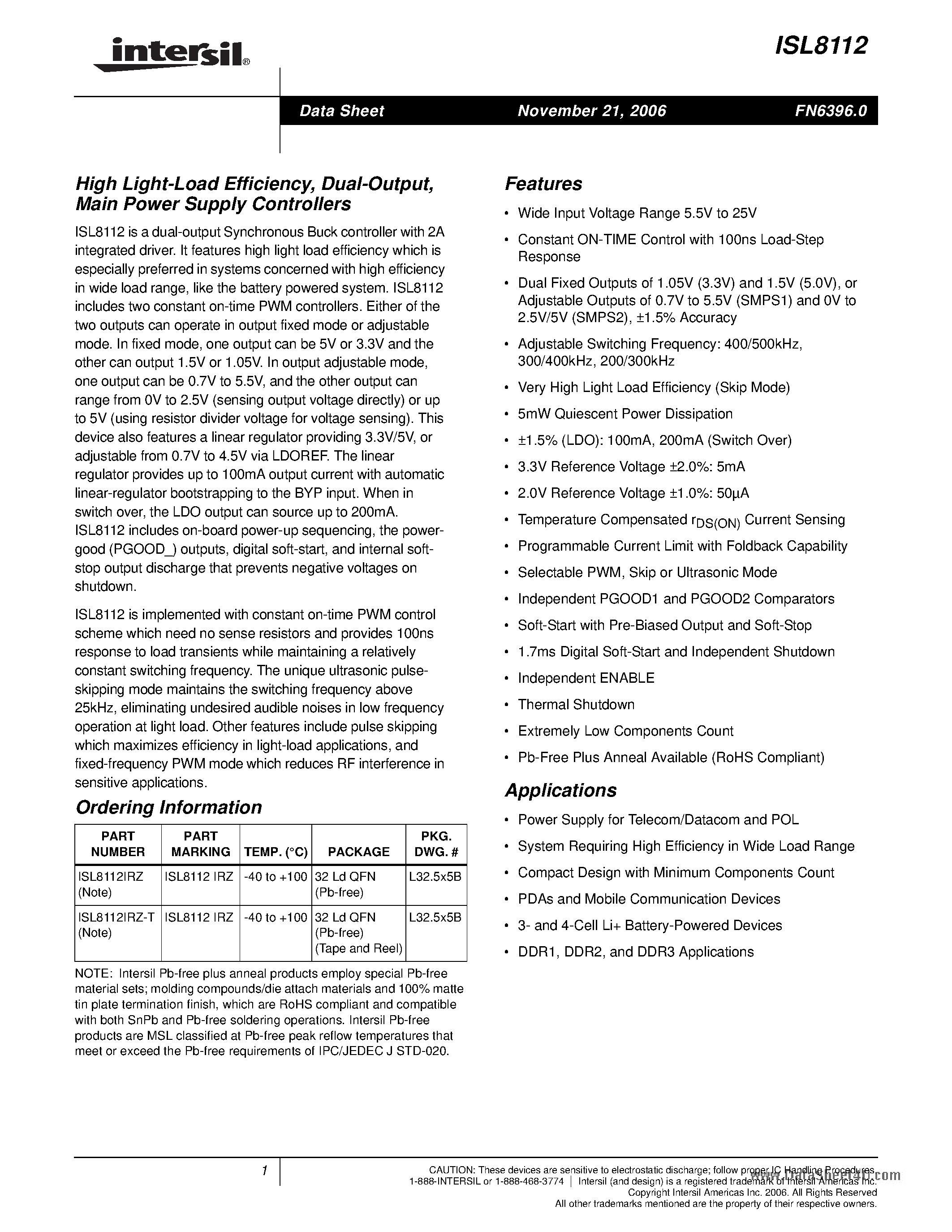 Datasheet ISL8112 - Main Power Supply Controllers page 1