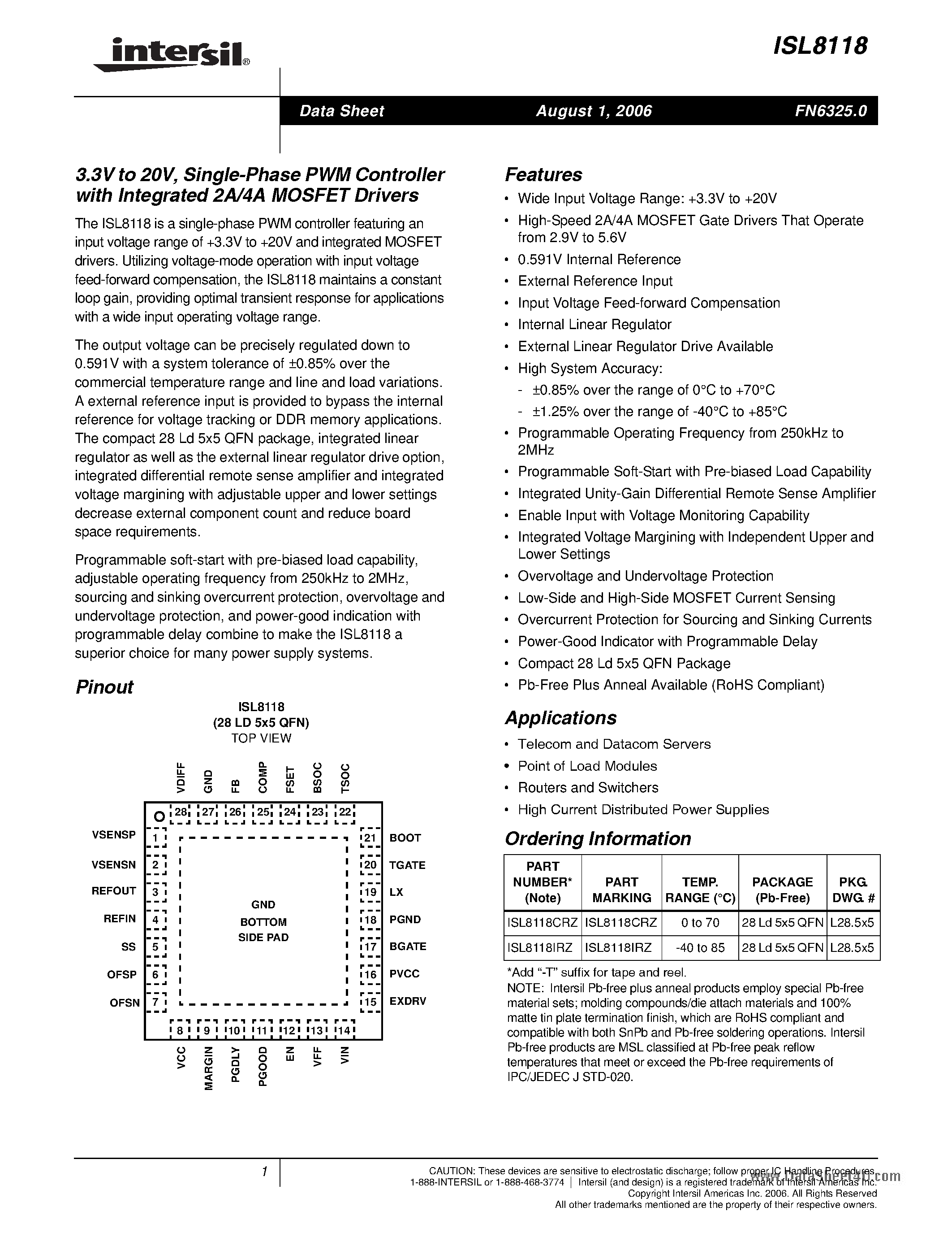 Datasheet ISL8118 - Single-Phase PWM Controller page 1