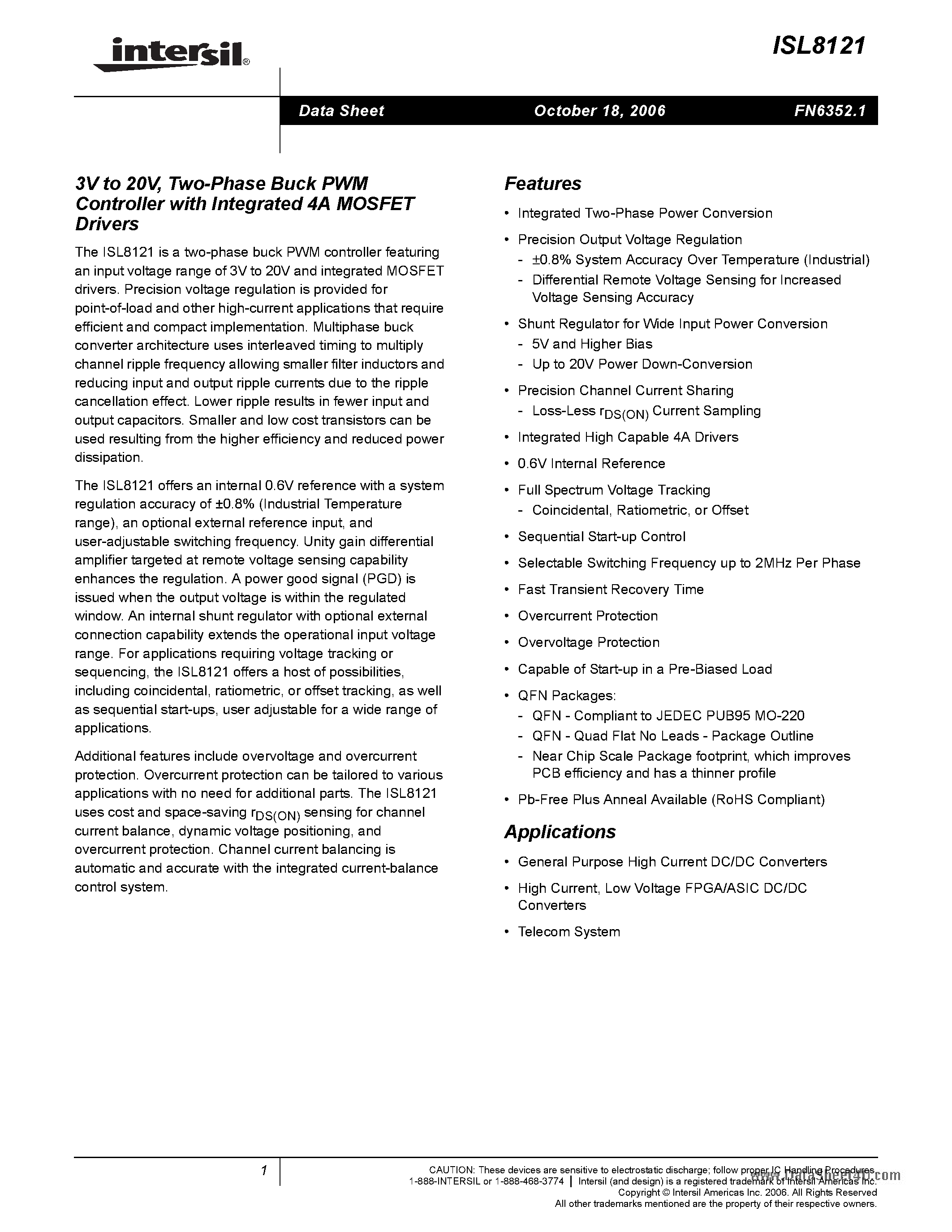 Datasheet ISL8121 - Two-Phase Buck PWM Controller page 1