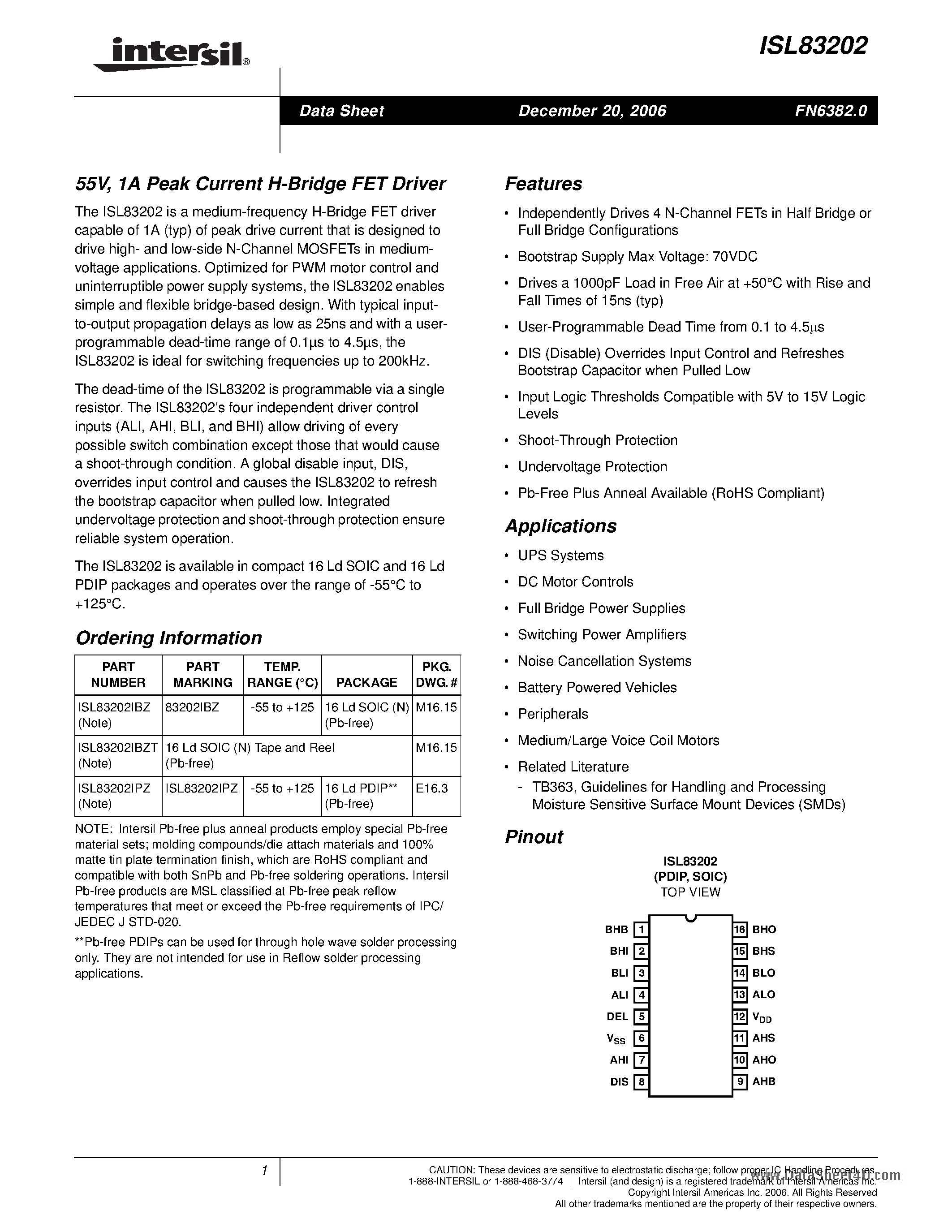 Datasheet ISL83202 - 1A Peak Current H-Bridge FET Driver page 1