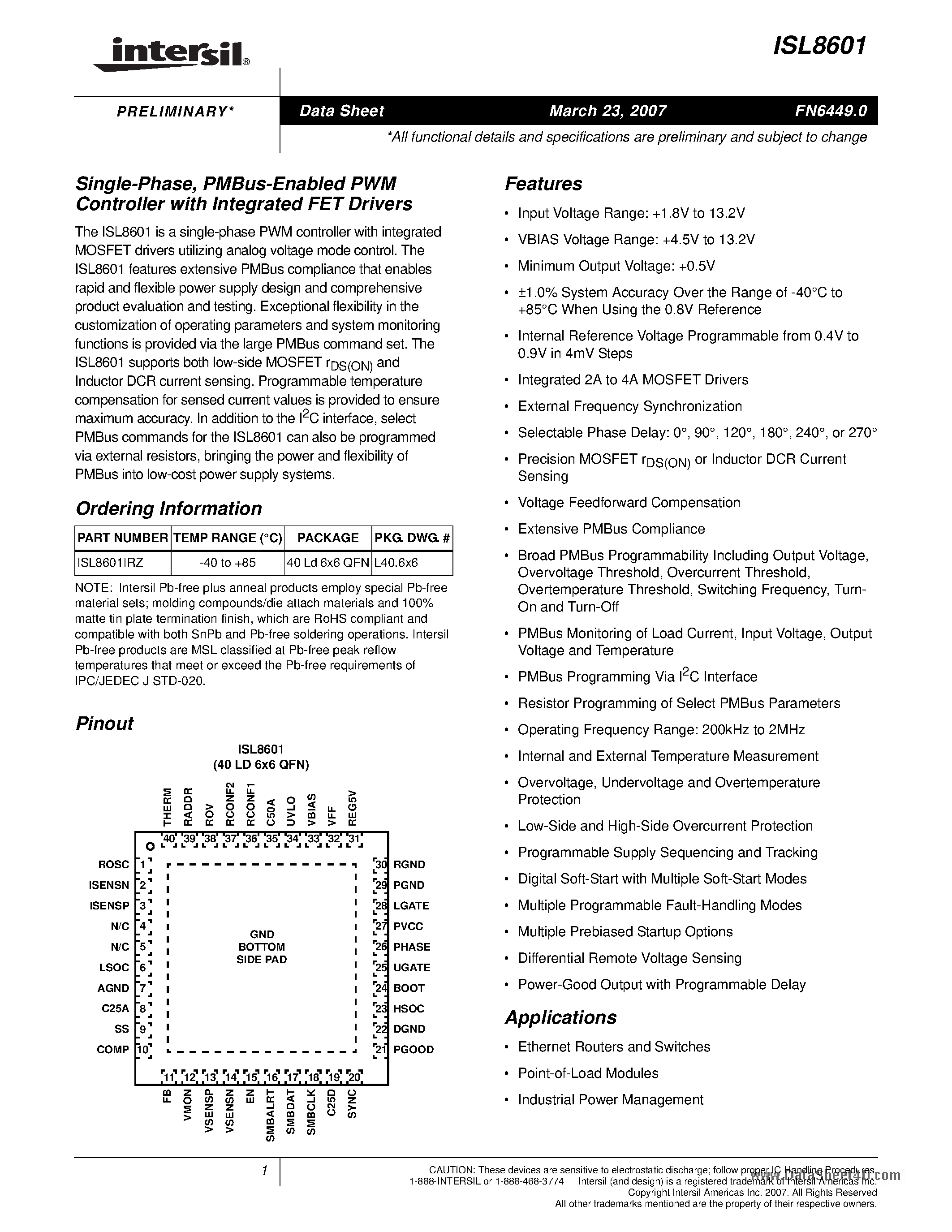 Datasheet ISL8601 - Single-Phase PMBus-Enabled PWM Controller page 1