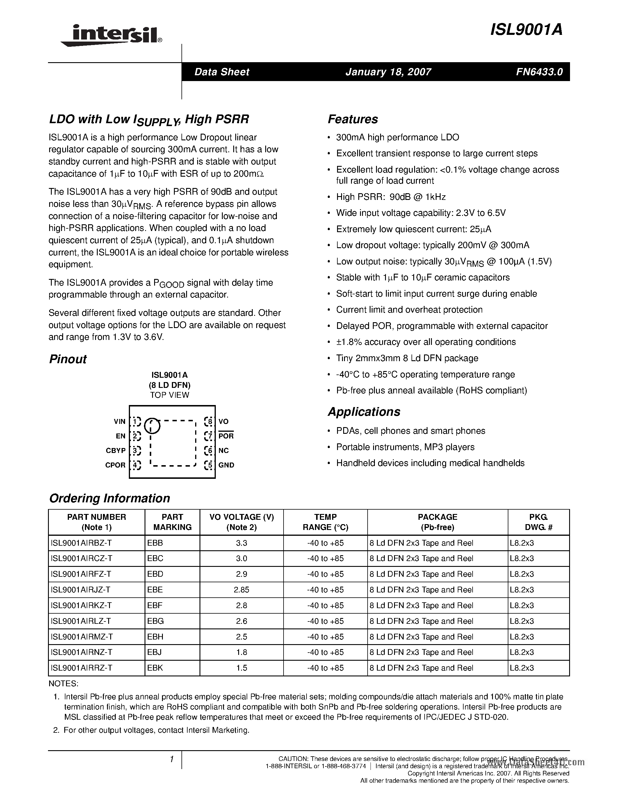 Datasheet ISL9001A - LDO page 1