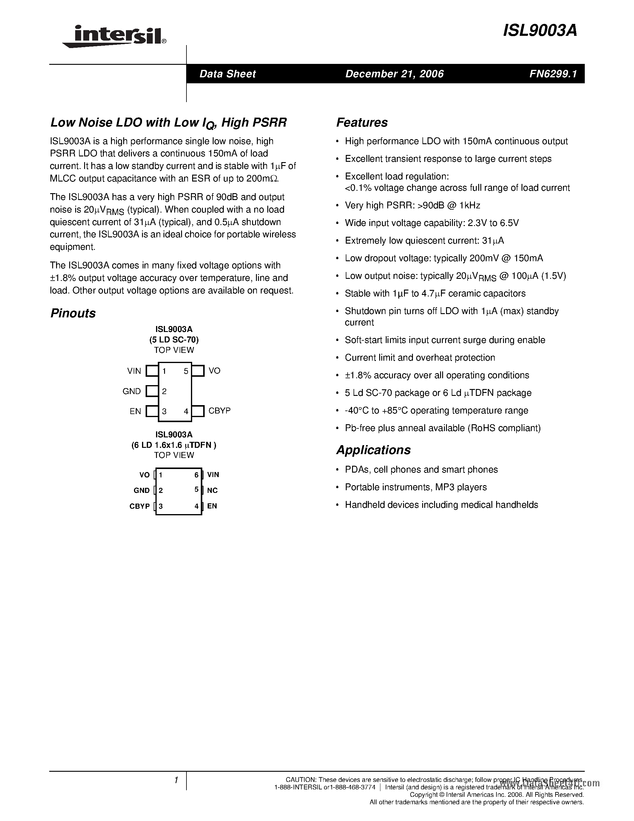 Datasheet ISL9003A - Low Noise LDO page 1