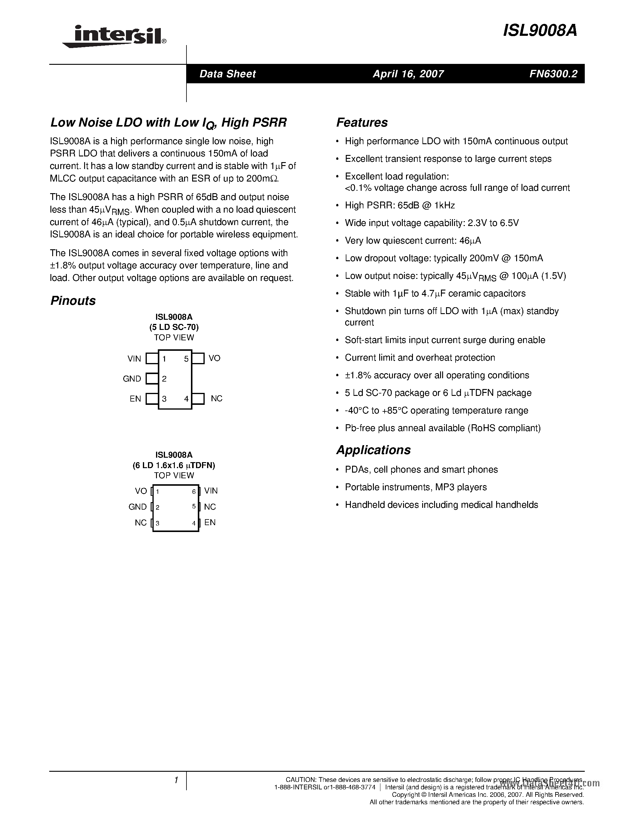 Datasheet ISL9008A - Low Noise LDO page 1