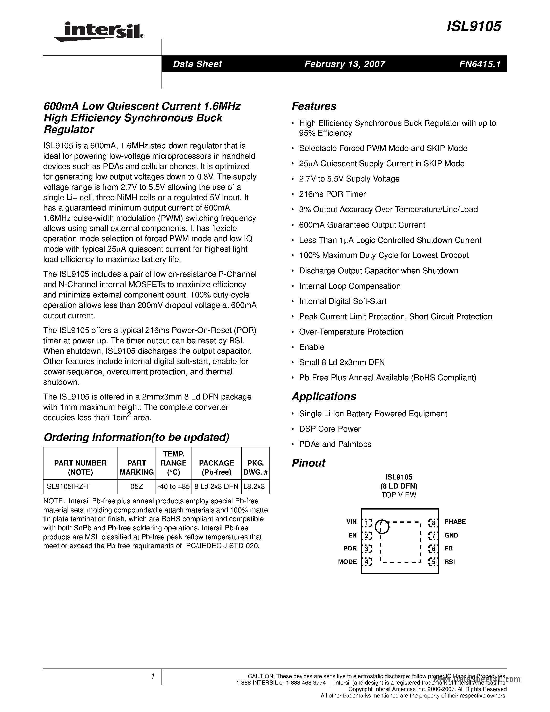 Datasheet ISL9105 - 600mA Low Quiescent Current 1.6MHz High Efficiency Synchronous Buck Regulator page 1