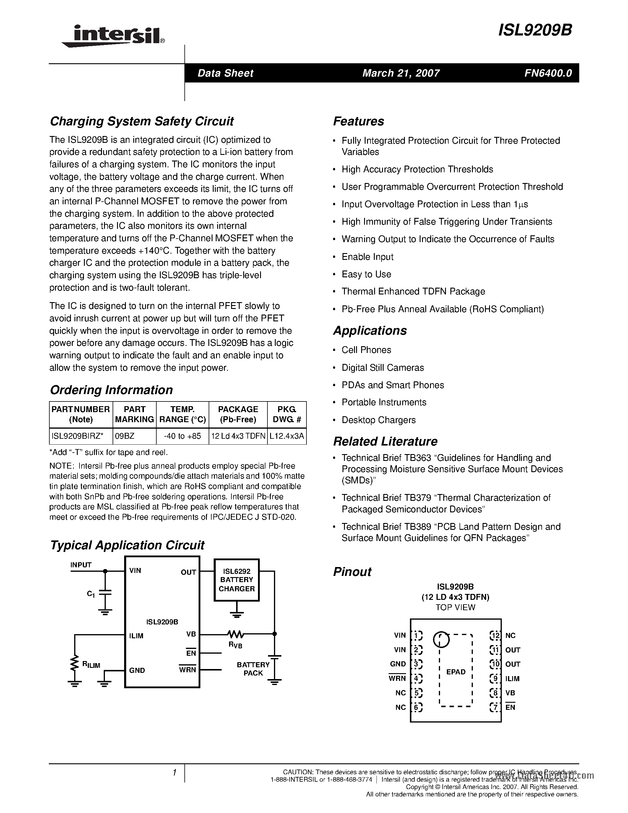 Datasheet ISL9209B - Charging System Safety Circuit page 1