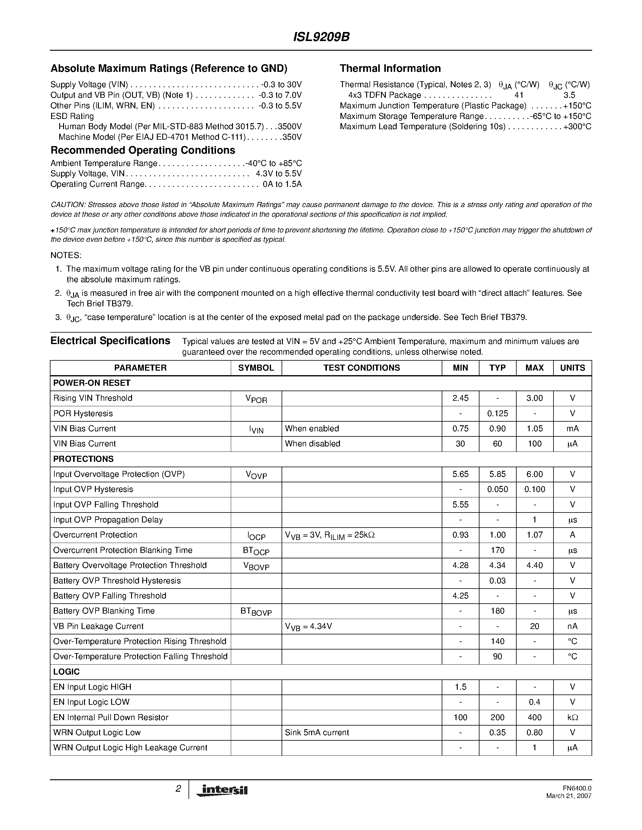 Datasheet ISL9209B - Charging System Safety Circuit page 2