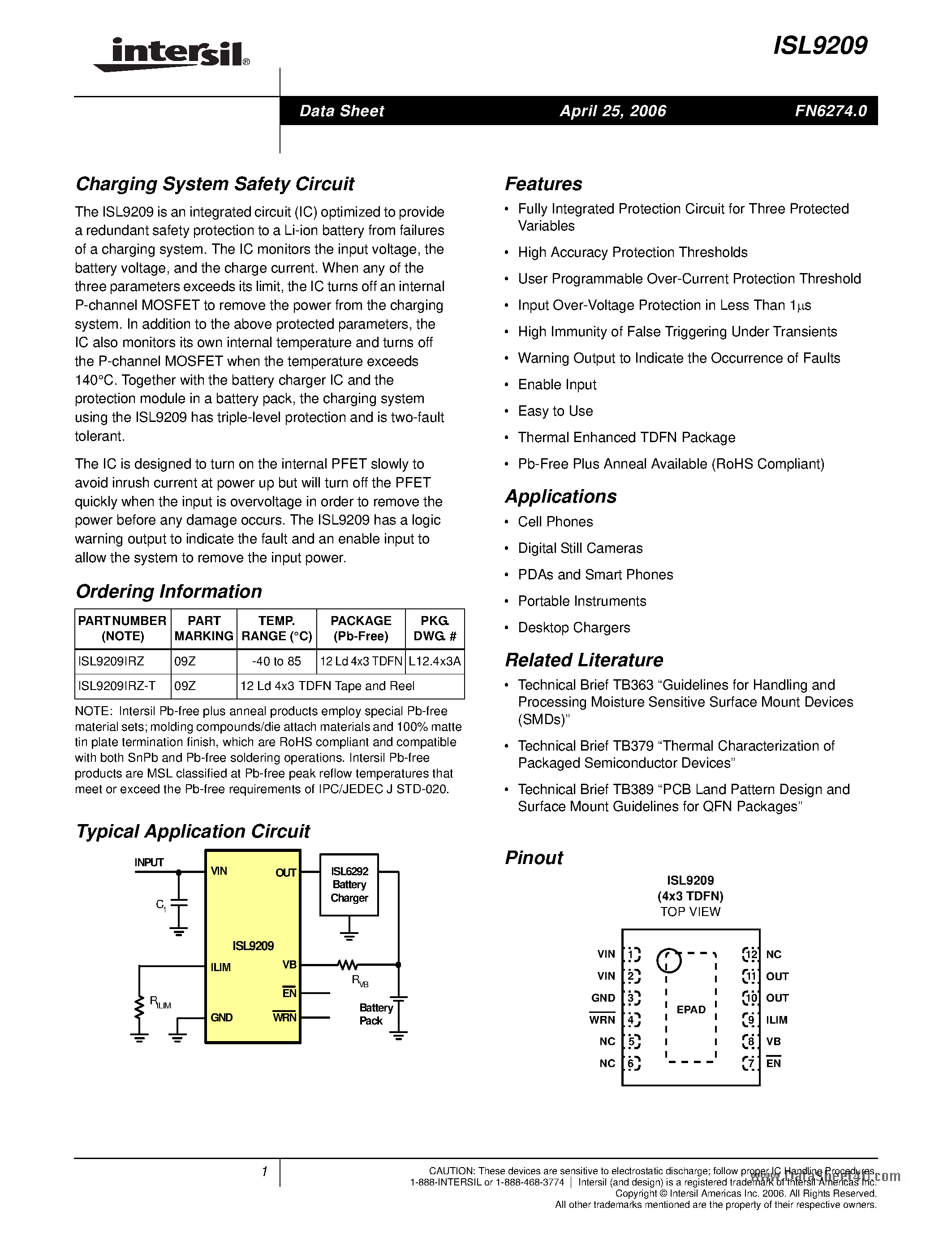 Datasheet ISL9209 - Charging System Safety Circuit page 1