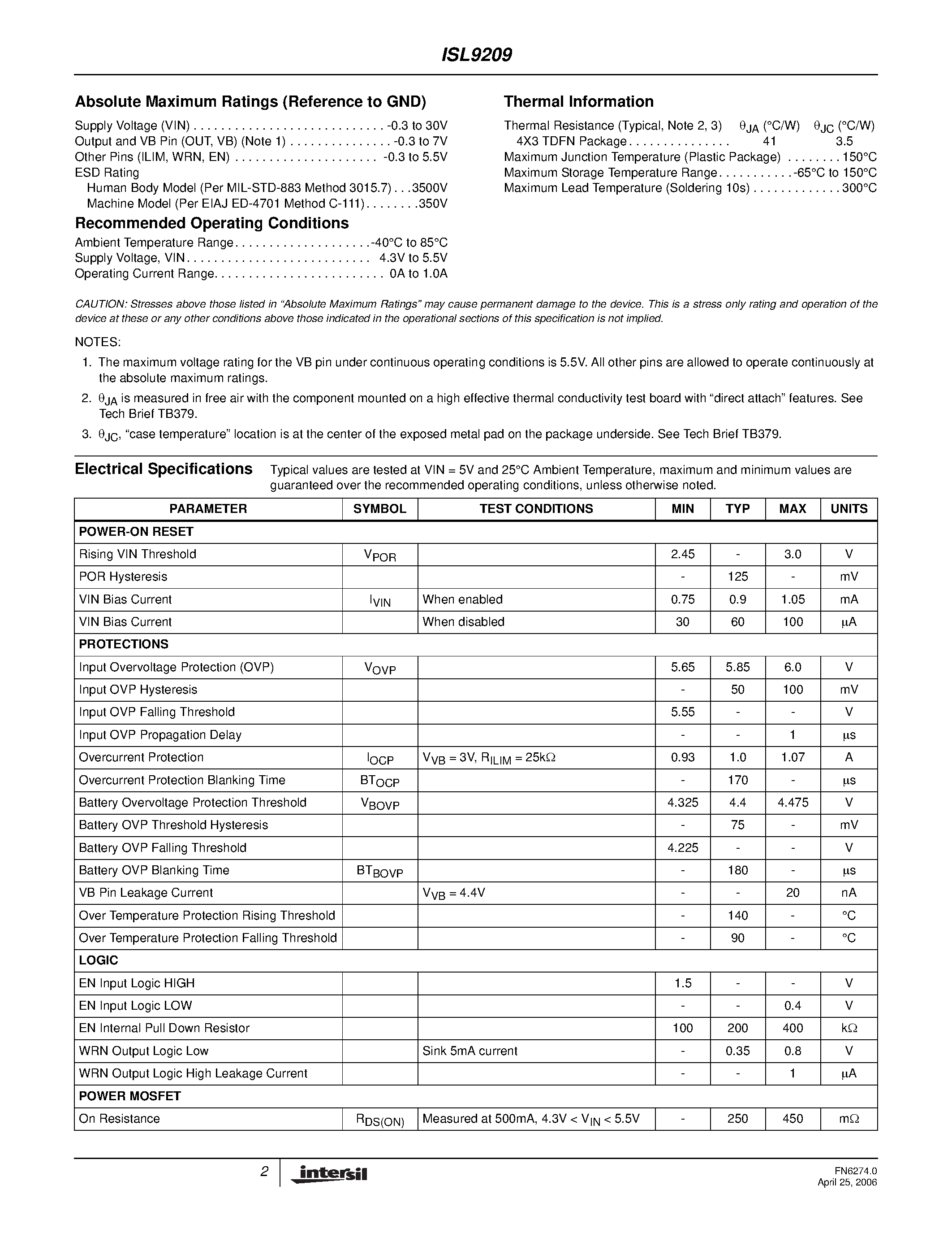 Datasheet ISL9209 - Charging System Safety Circuit page 2