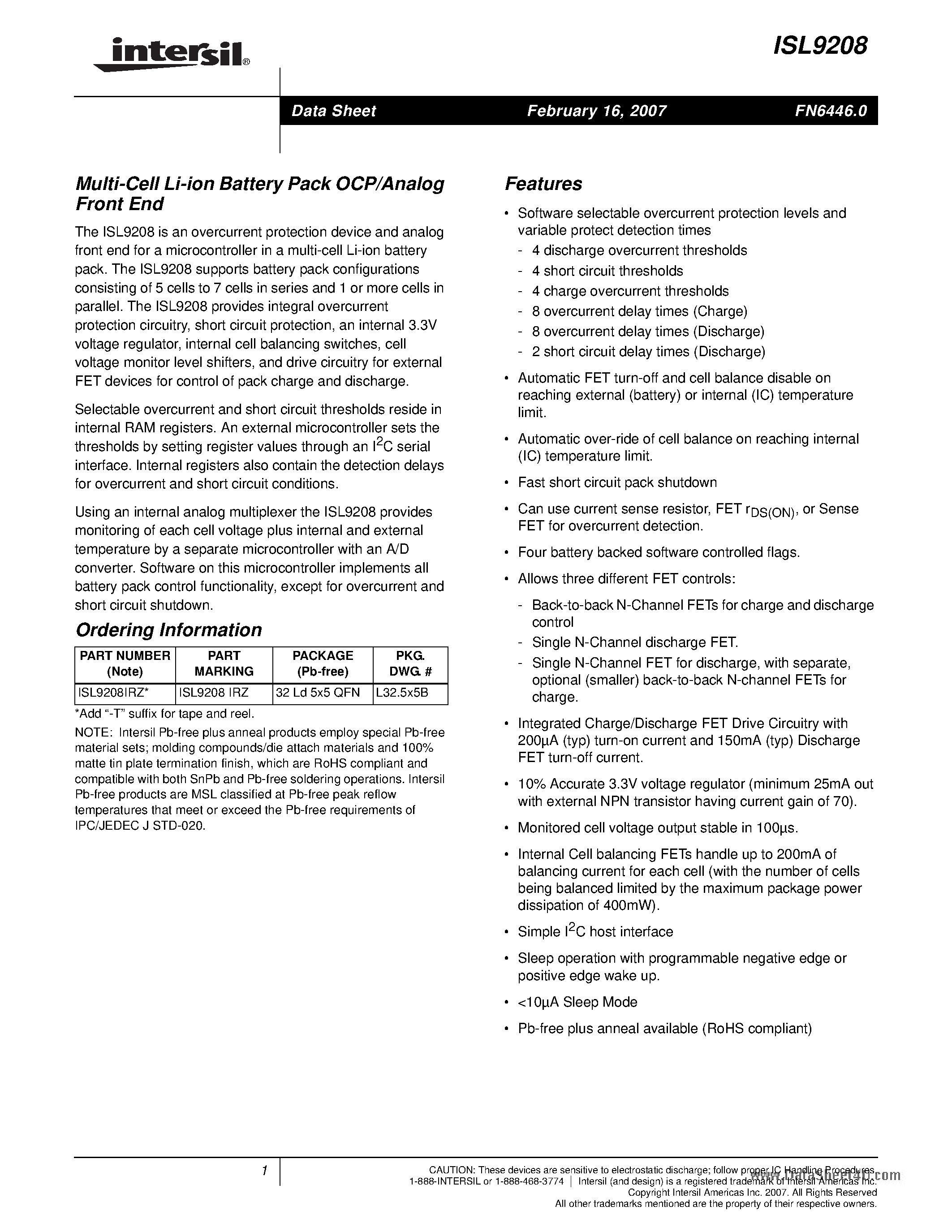 Datasheet ISL9208 - Multi-Cell Li-ion Battery Pack OCP/Analog Front End page 1