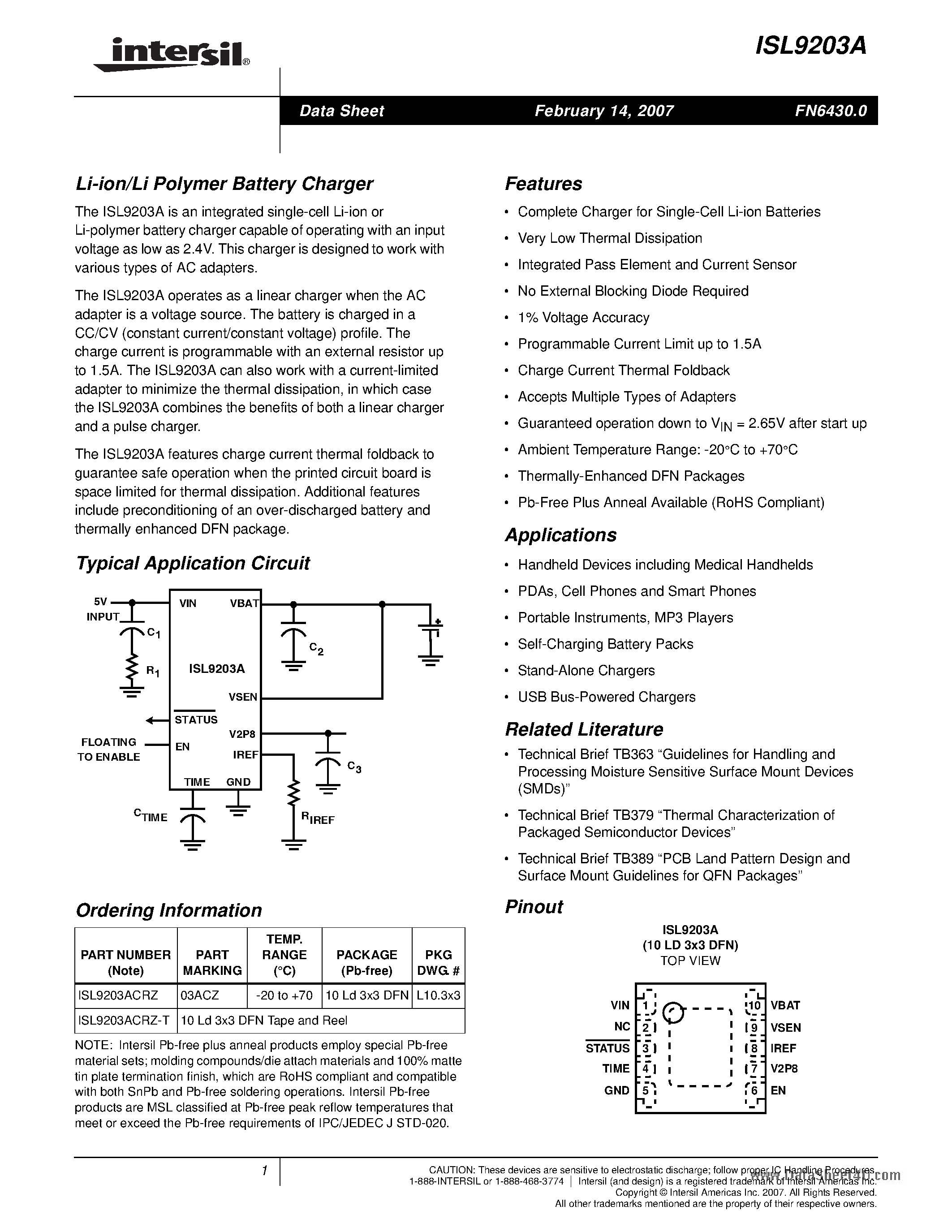 Datasheet ISL9203A - Li-ion/Li Polymer Battery Charger page 1