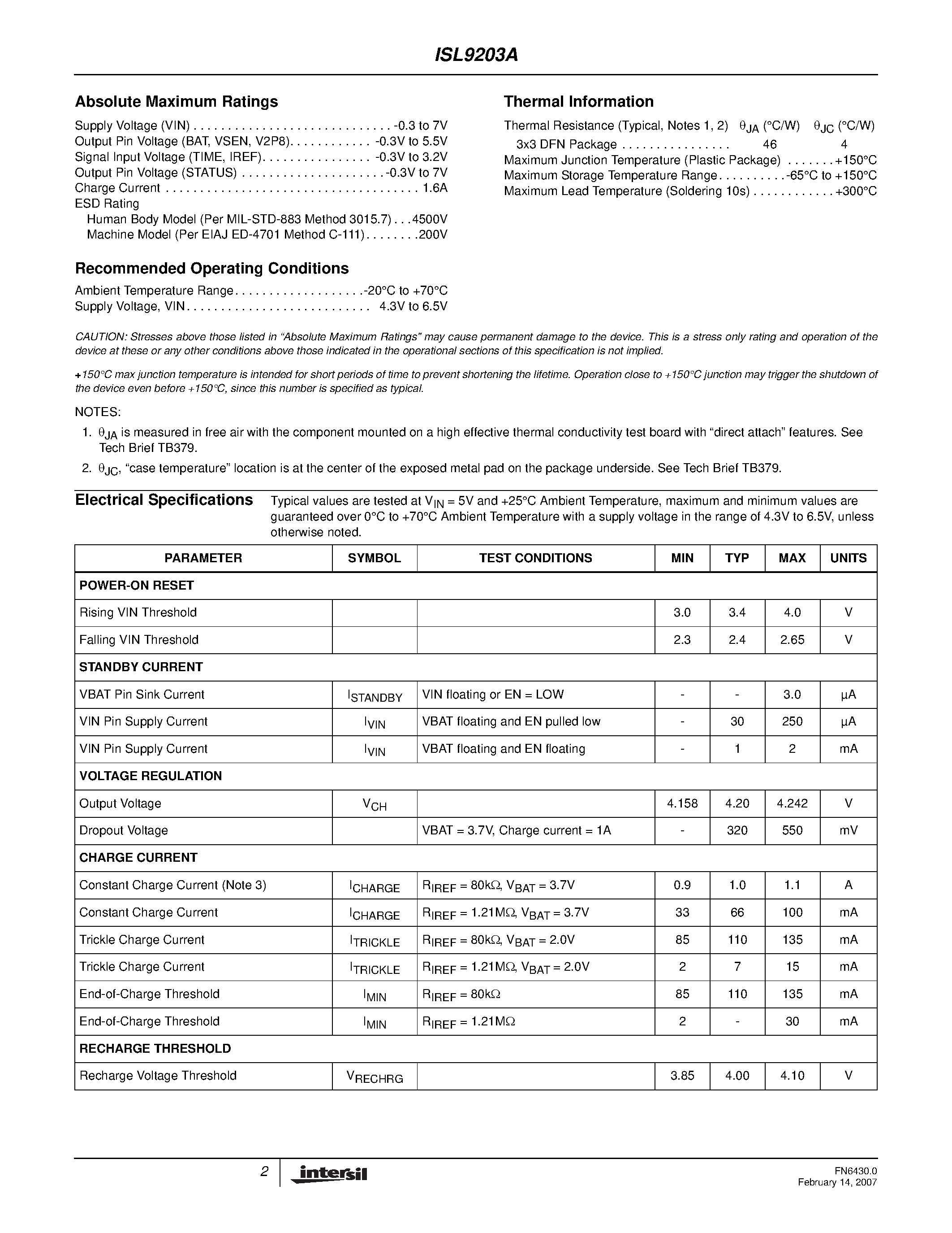 Datasheet ISL9203A - Li-ion/Li Polymer Battery Charger page 2