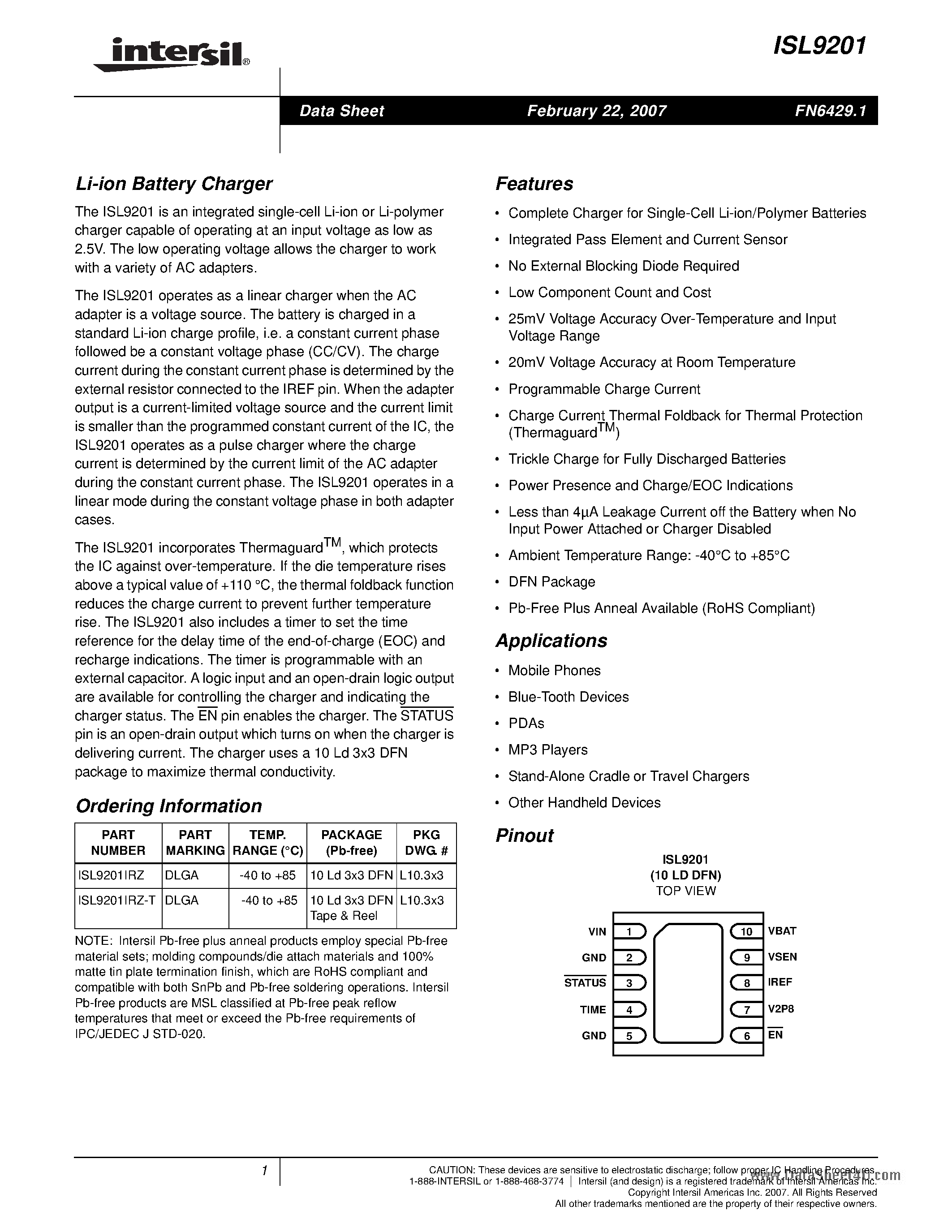 Datasheet ISL9201 - Li-ion Battery Charger page 1