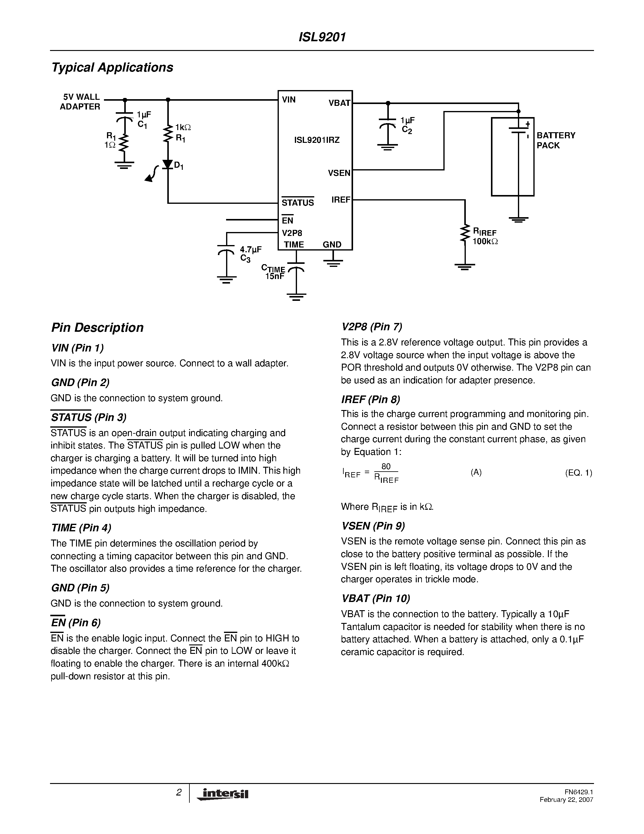 Datasheet ISL9201 - Li-ion Battery Charger page 2