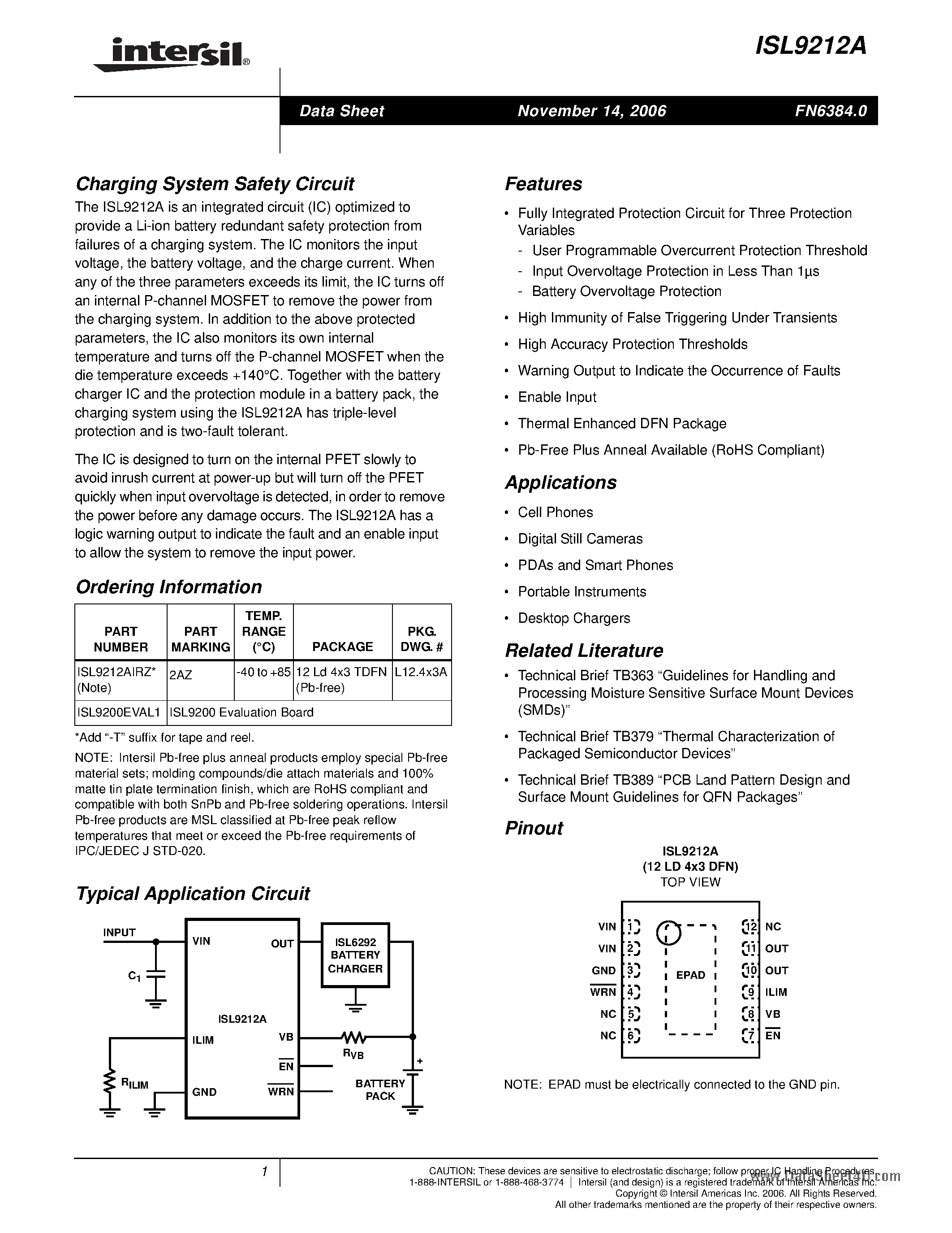 Datasheet ISL9212A - Charging System Safety Circuit page 1