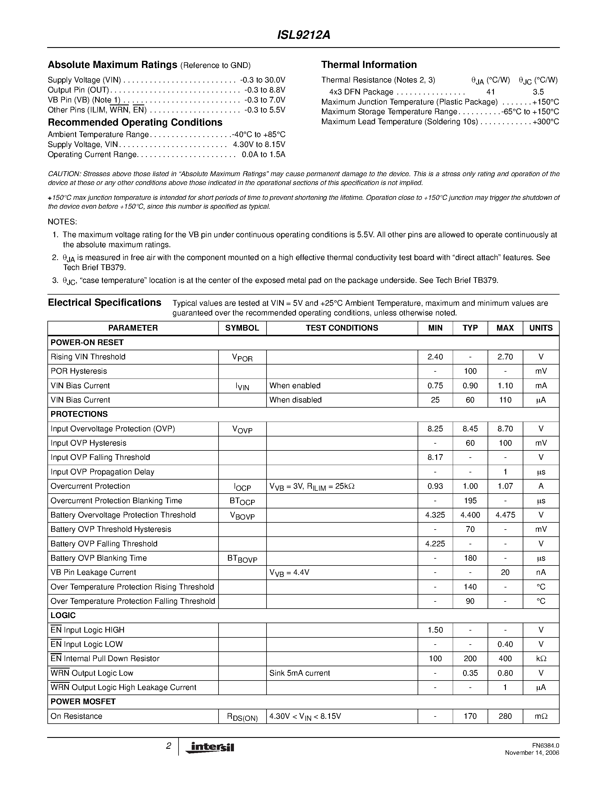 Datasheet ISL9212A - Charging System Safety Circuit page 2