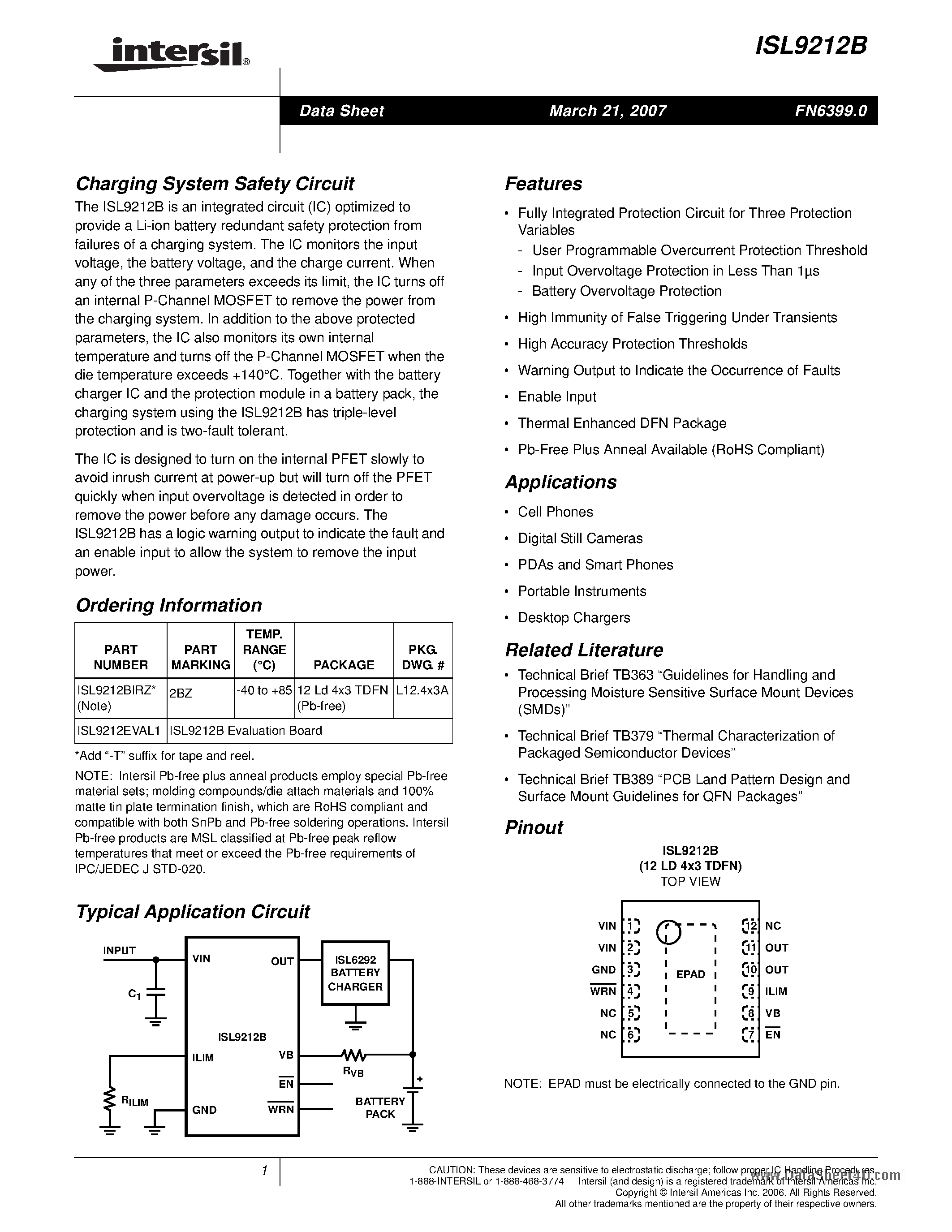 Datasheet ISL9212B - Charging System Safety Circuit page 1