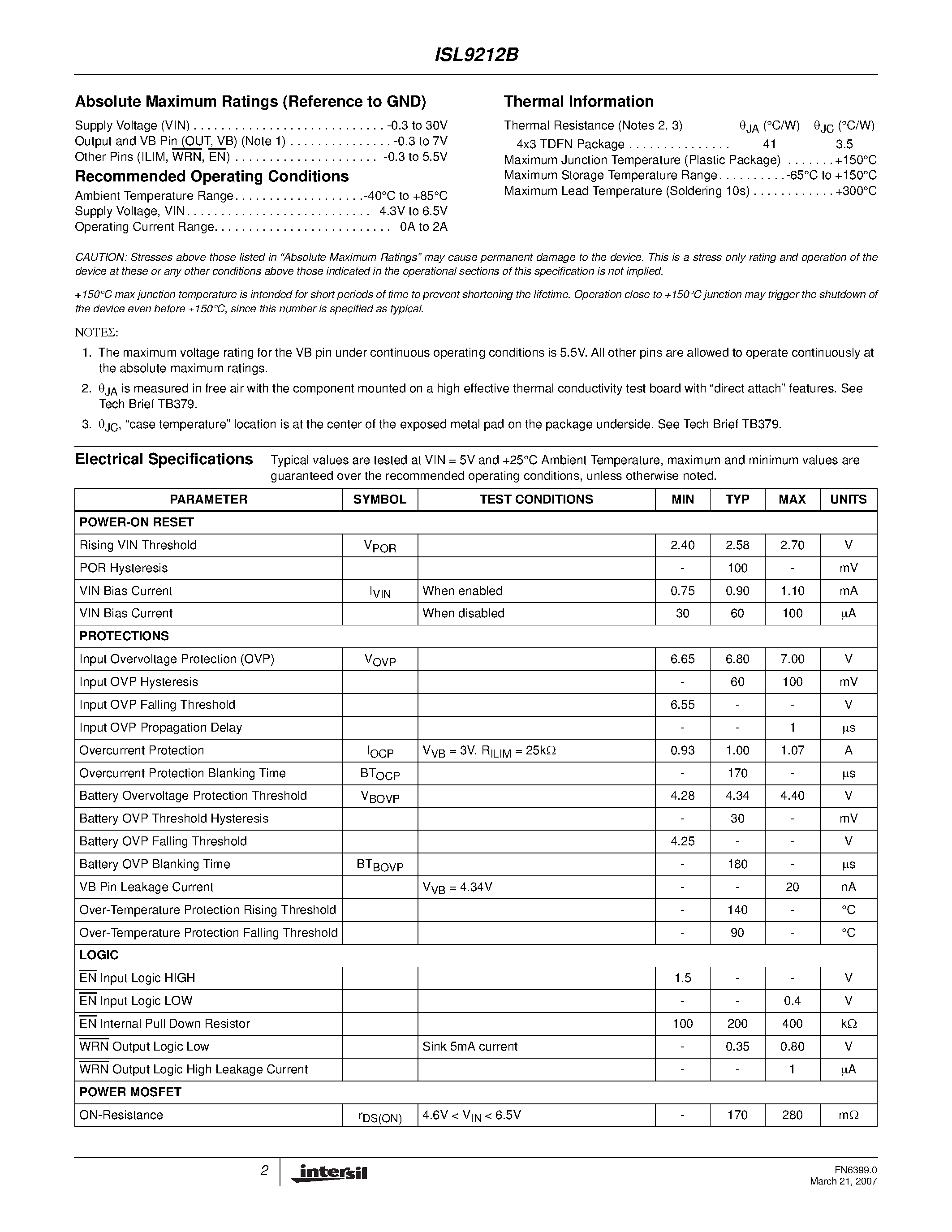 Datasheet ISL9212B - Charging System Safety Circuit page 2