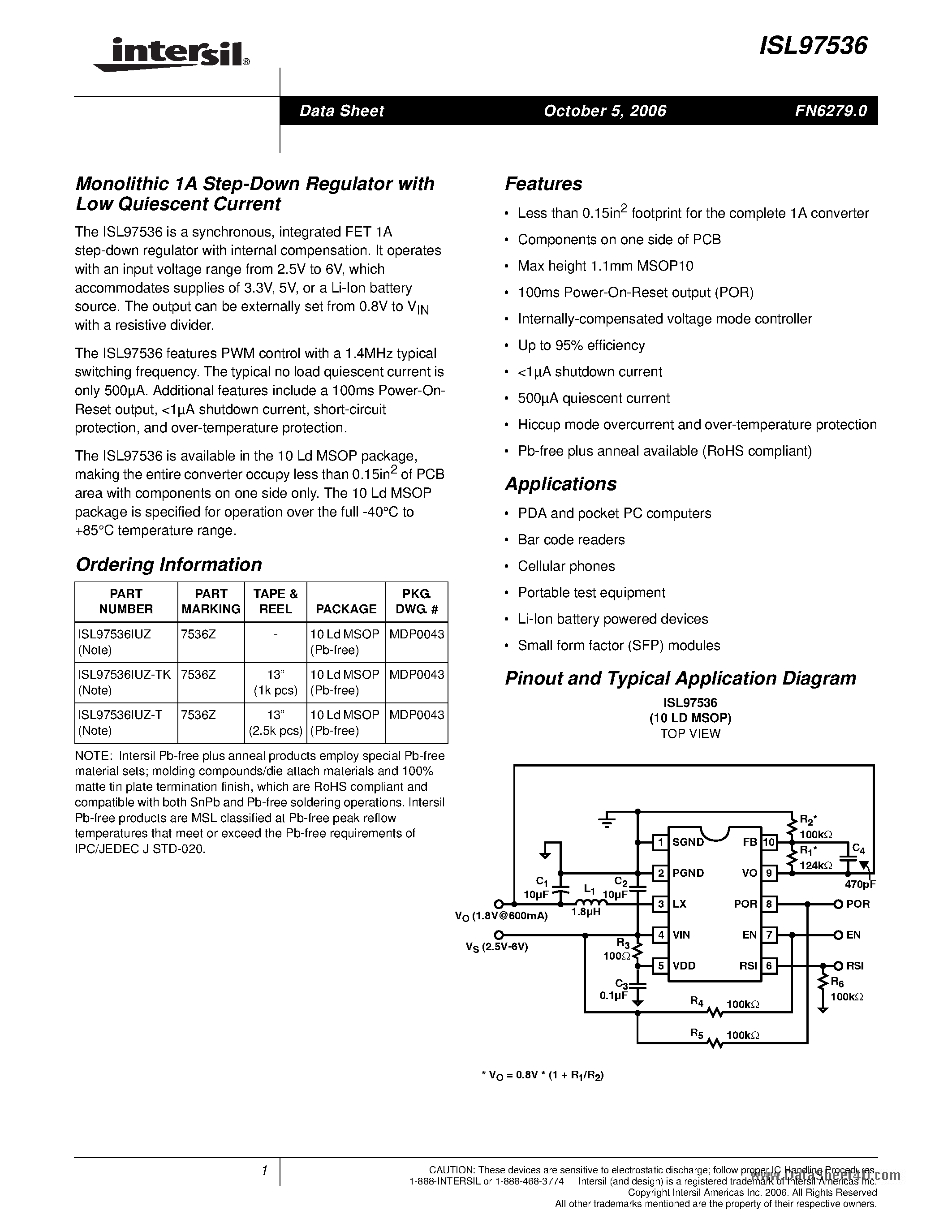 Datasheet ISL97536 - Monolithic 1A Step-Down Regulator page 1