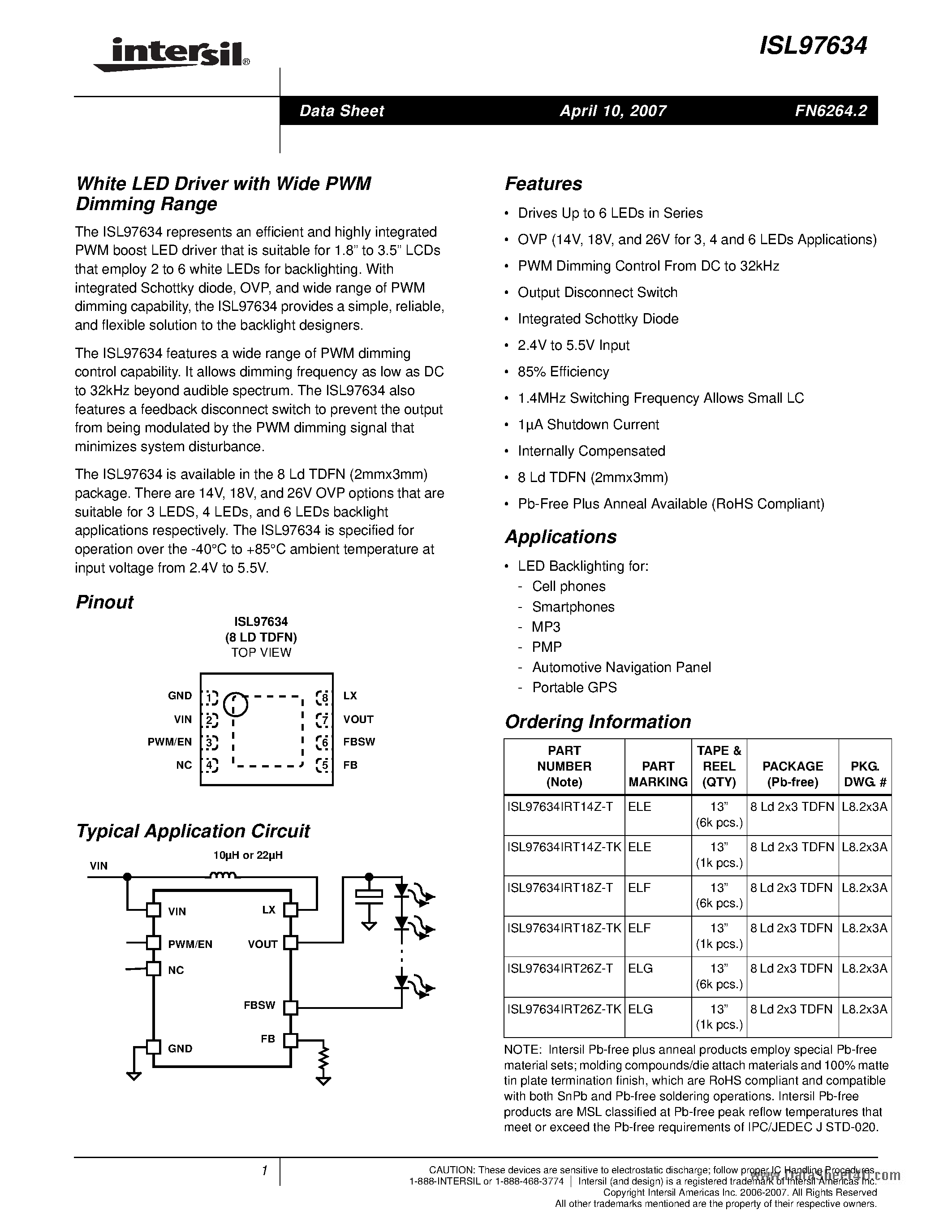 Datasheet ISL97634 - White LED Driver page 1