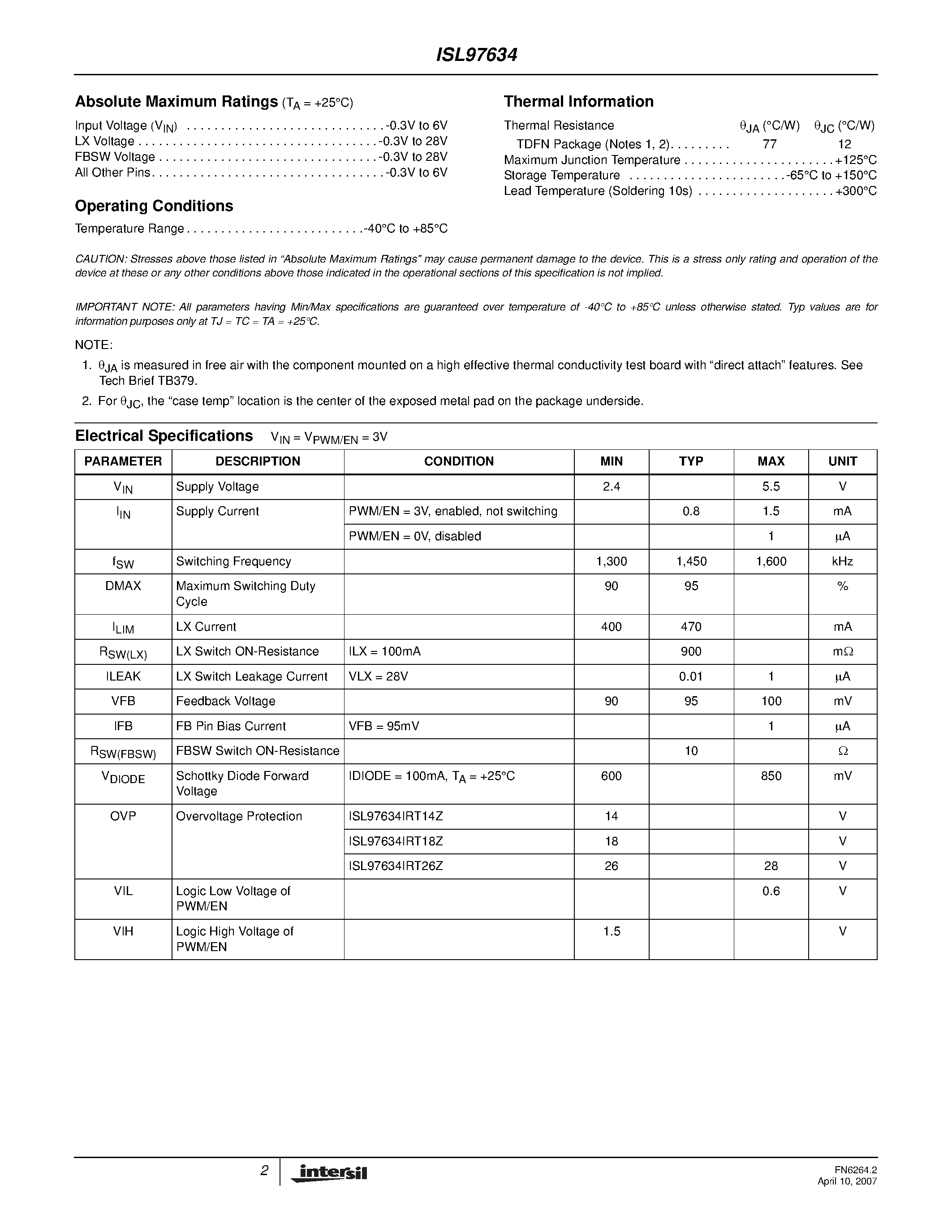 Datasheet ISL97634 - White LED Driver page 2