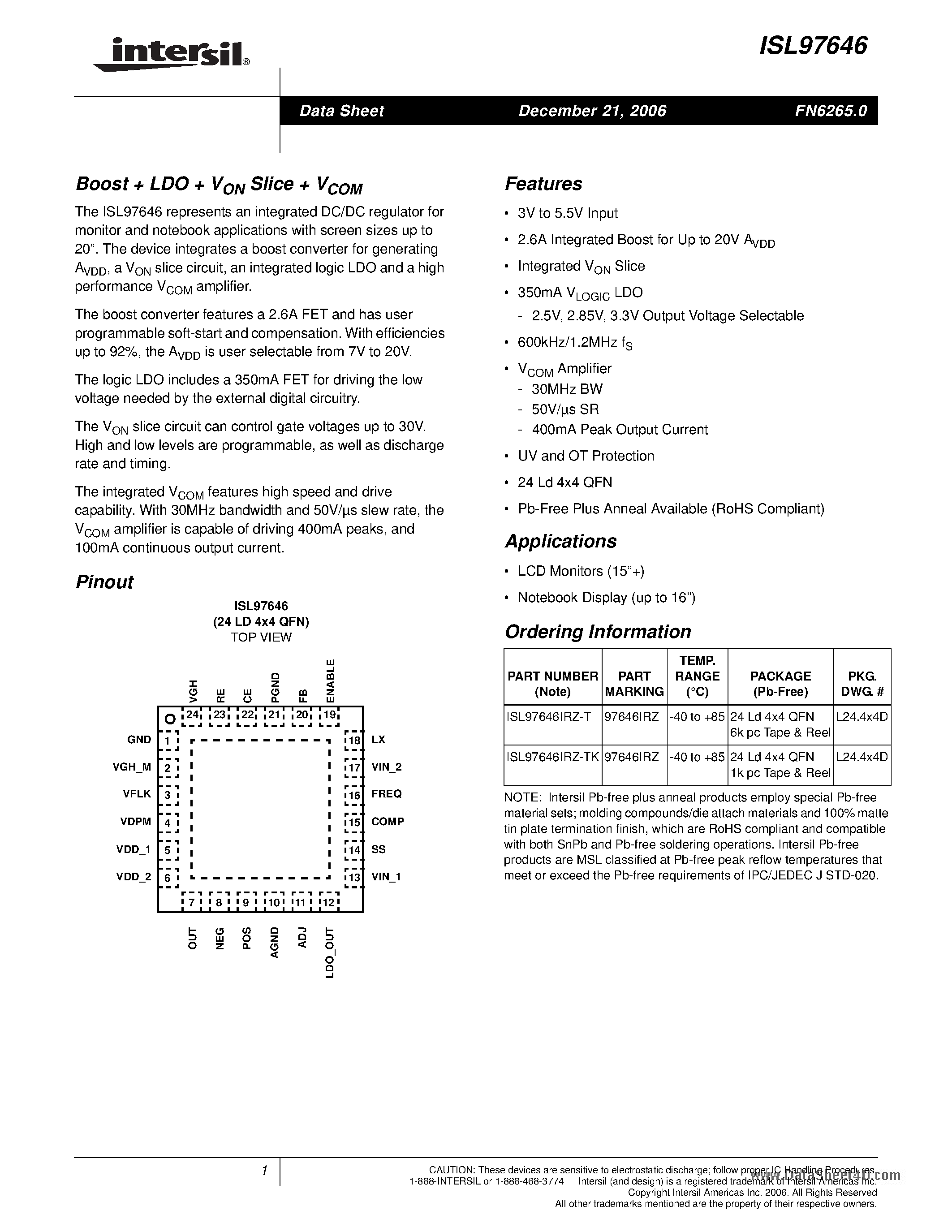 Datasheet ISL97646 - Boost + LDO + VON Slice + VCOM page 1