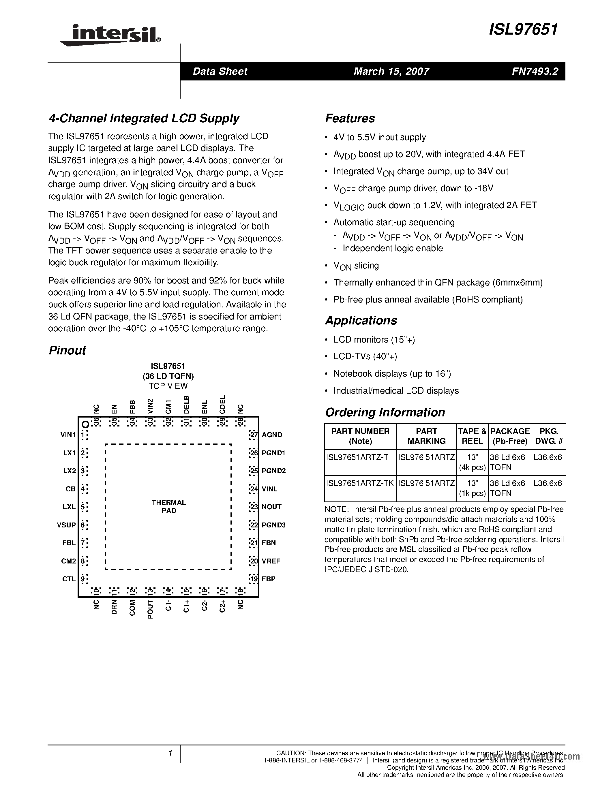 Datasheet ISL97651 - 4-Channel Integrated LCD Supply page 1