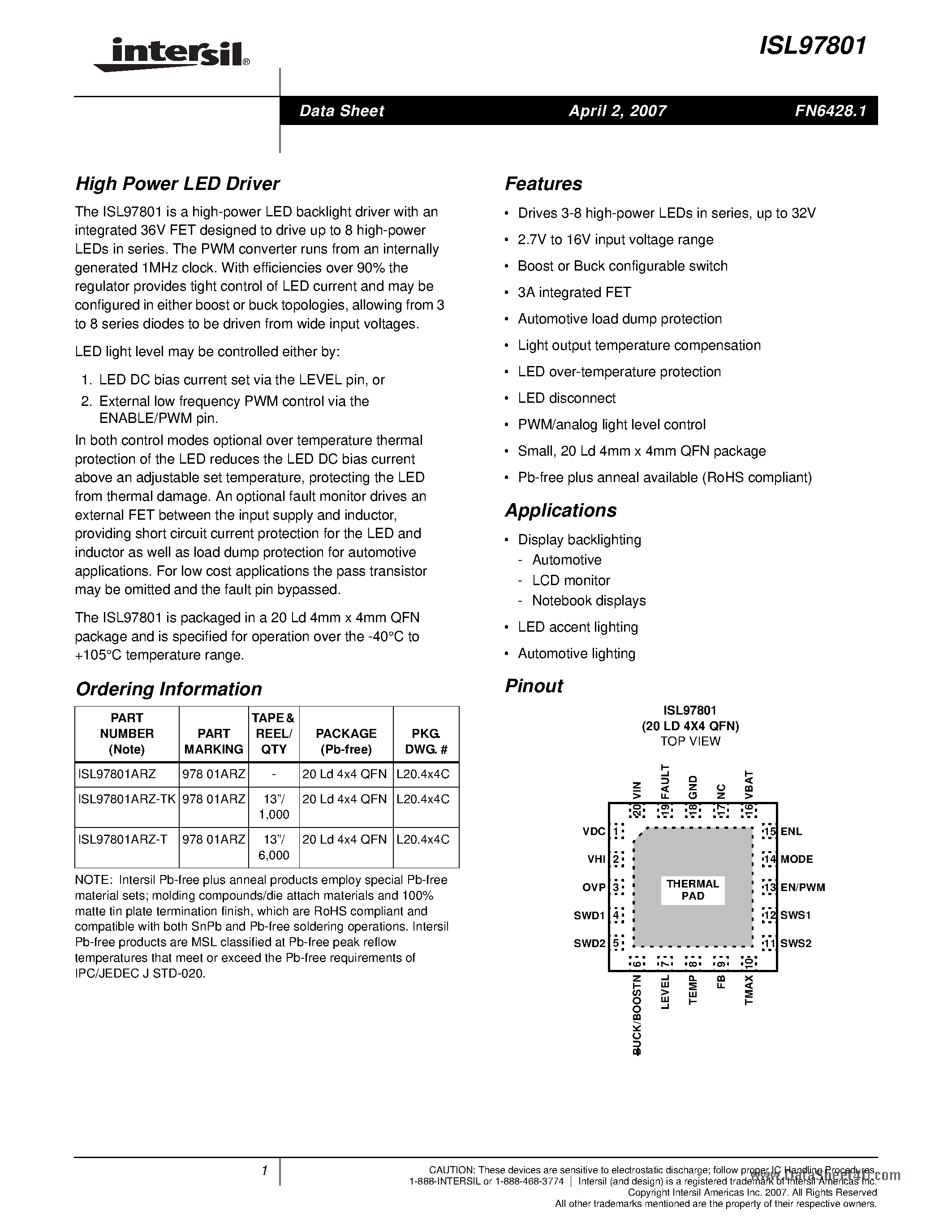 Datasheet ISL97801 - High Power LED Driver page 1