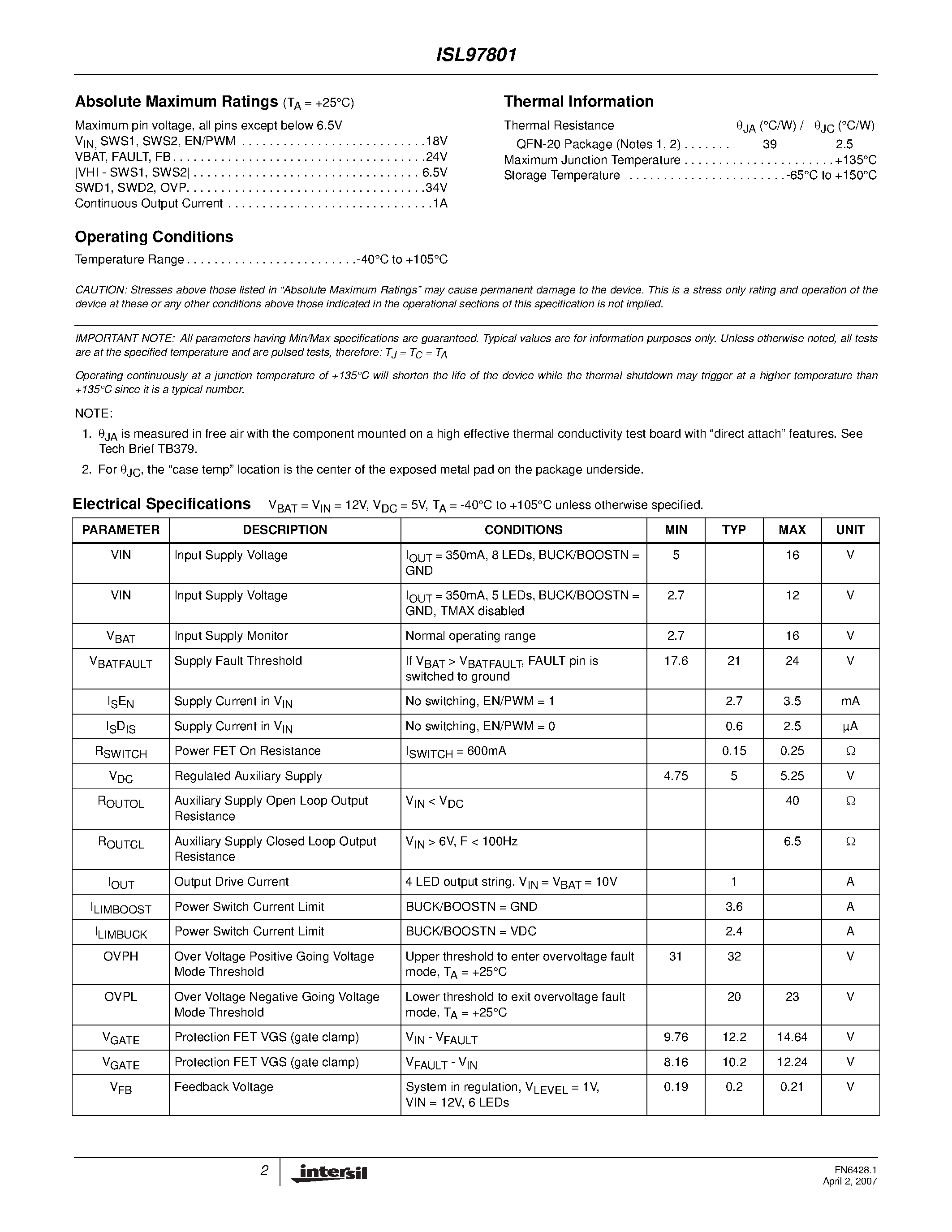 Datasheet ISL97801 - High Power LED Driver page 2