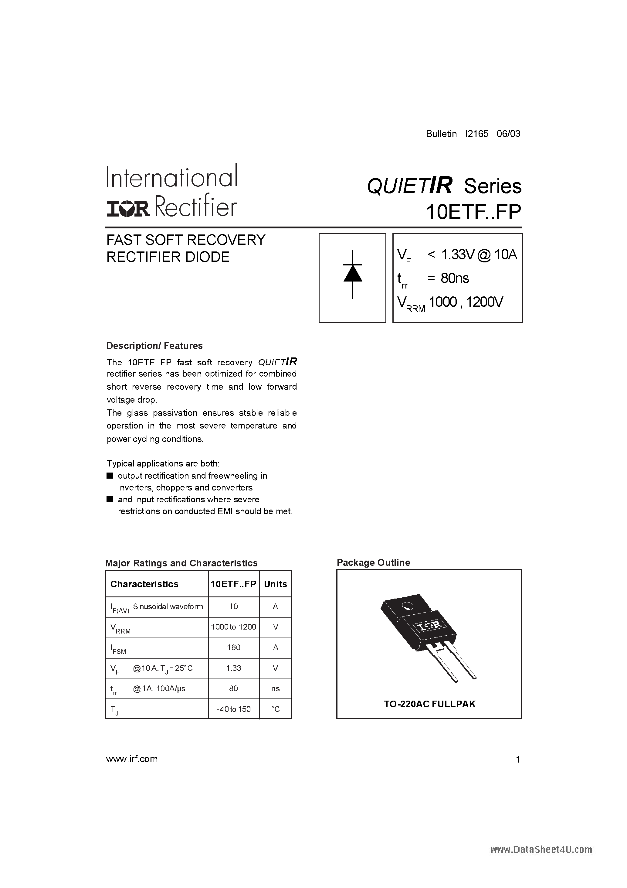 Datasheet 10ETF10FP - (10ETFxxFP) FAST SOFT RECOVERY RECTIFIER DIODE page 1