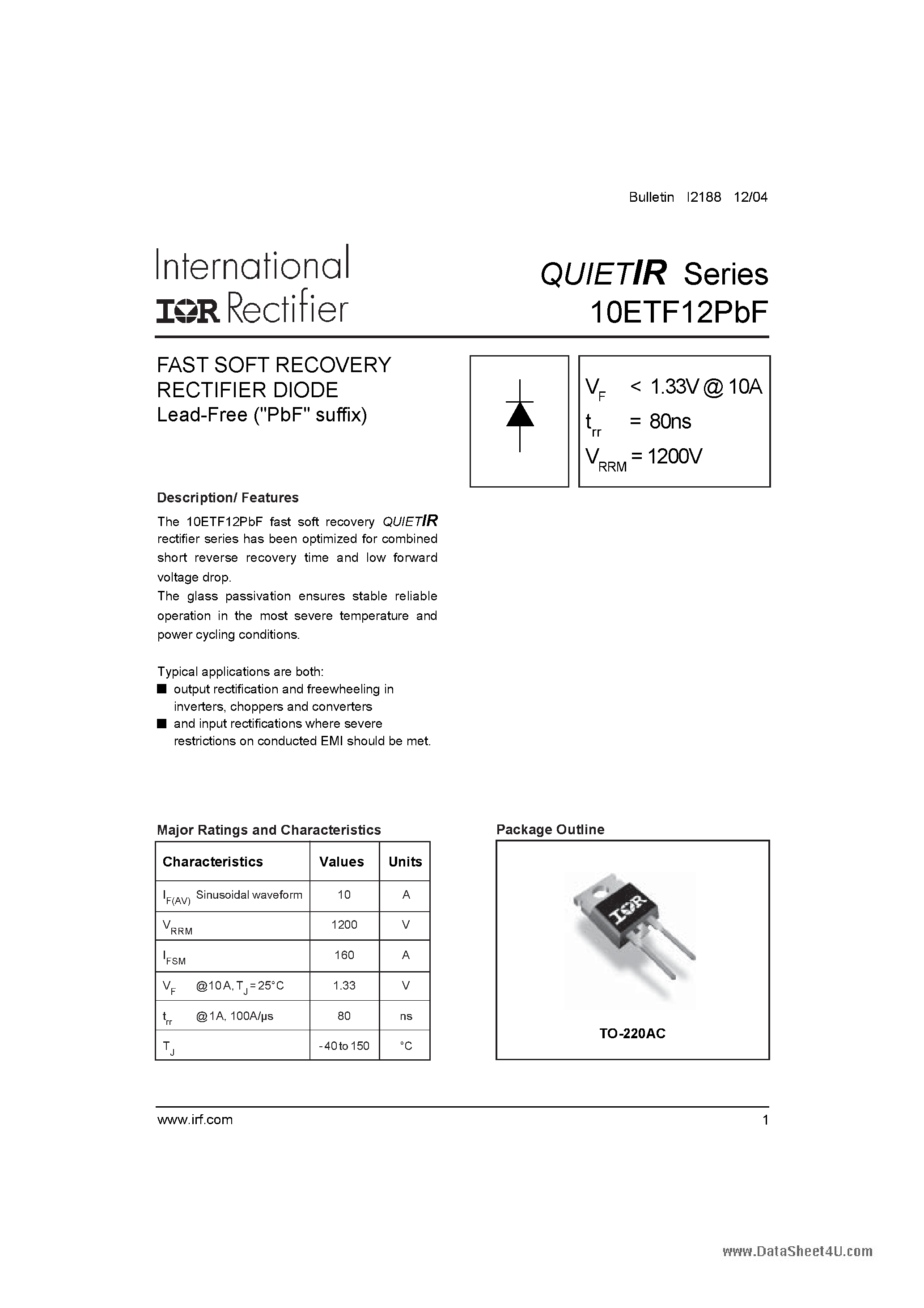 Datasheet 10ETF12PBF - FAST SOFT RECOVERY RECTIFIER DIODE page 1