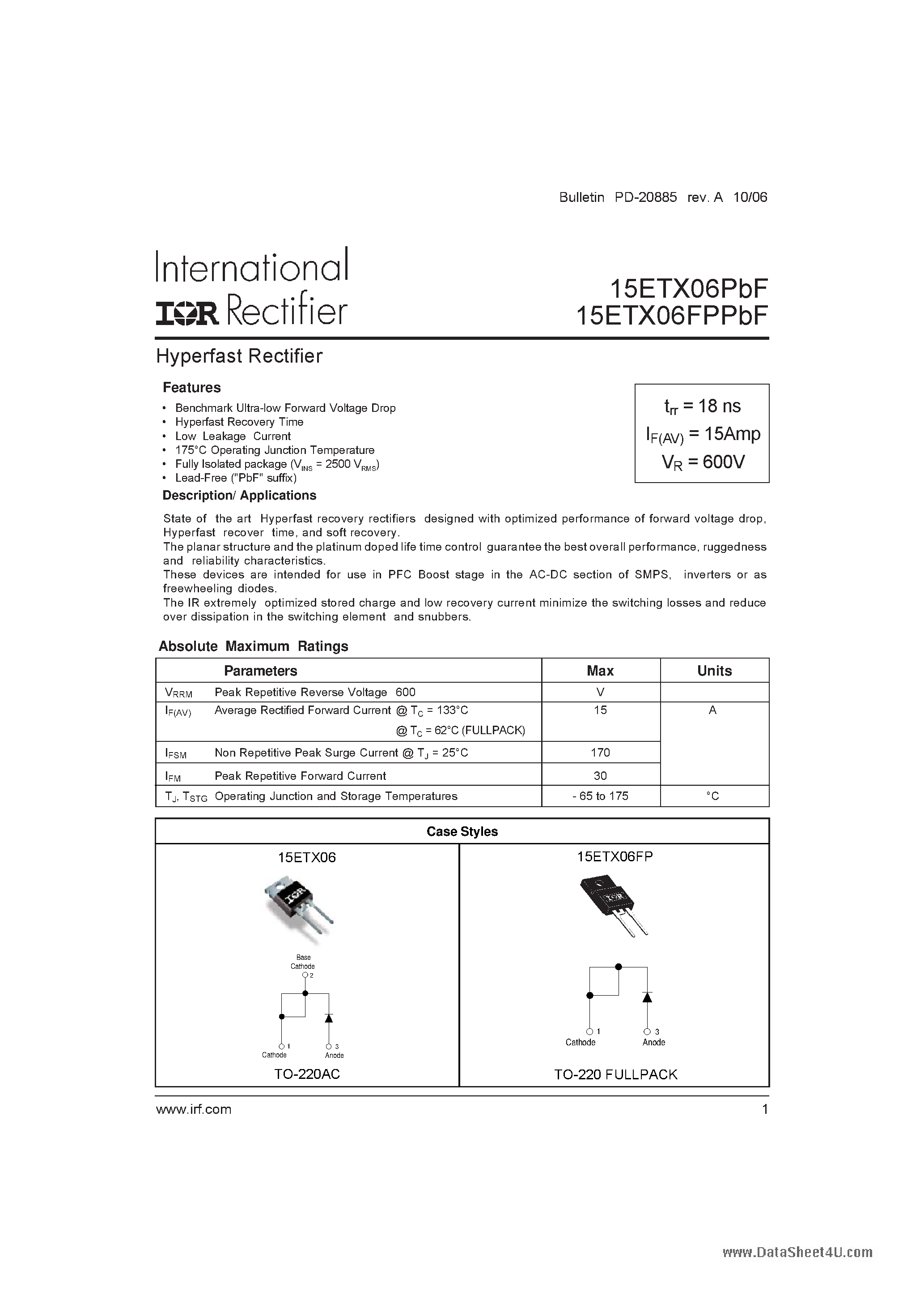 Datasheet 15ETX06FPPbF - Hyperfast Rectifier page 1