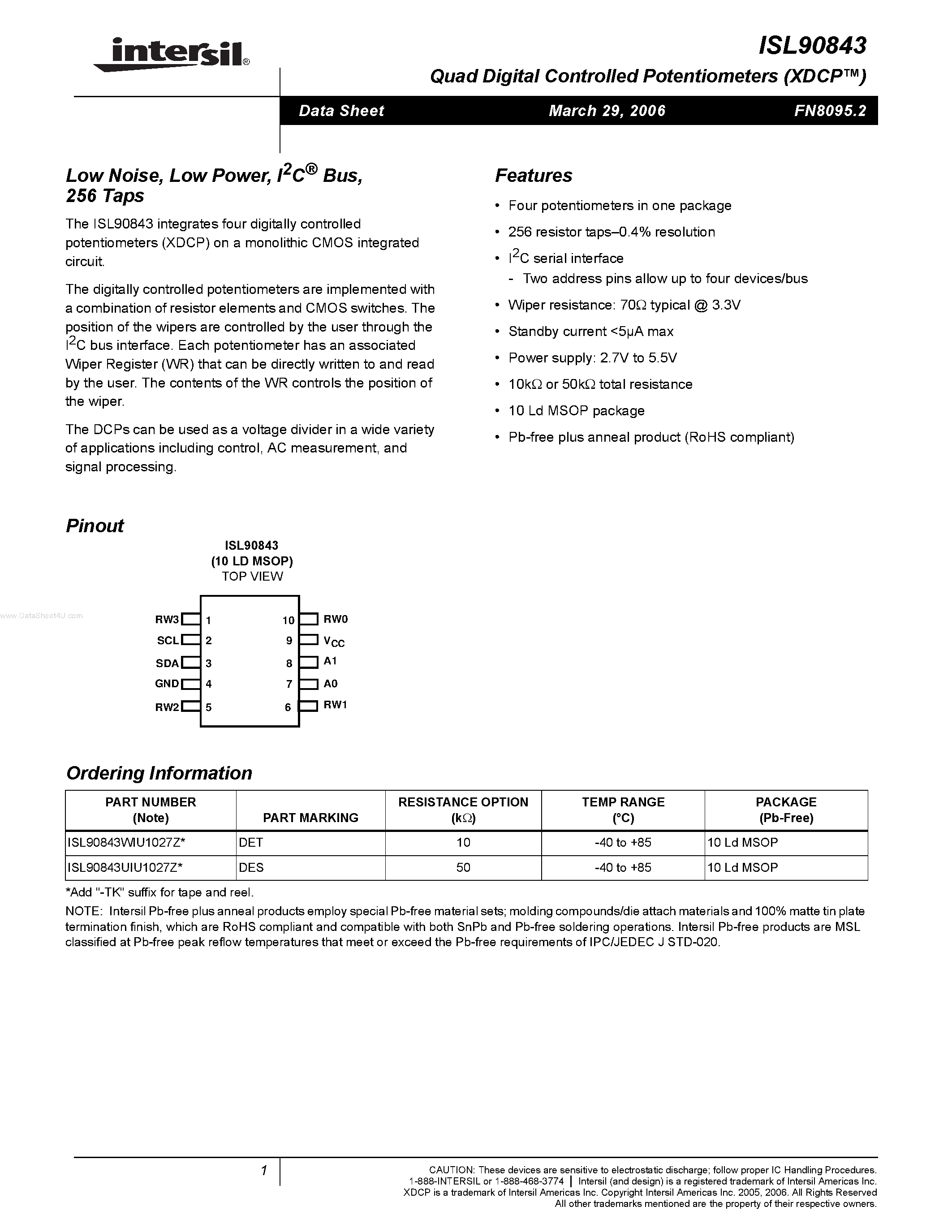 Datasheet ISL90843 - Quad Digital Controlled Potentiometers page 1