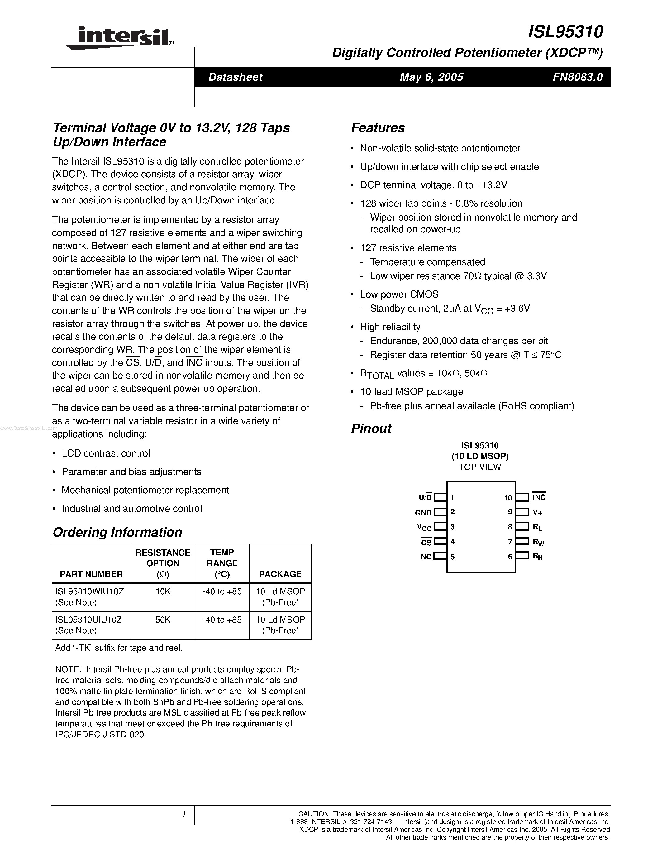 Datasheet ISL95310 - 128 Taps Up/Down Interface page 1