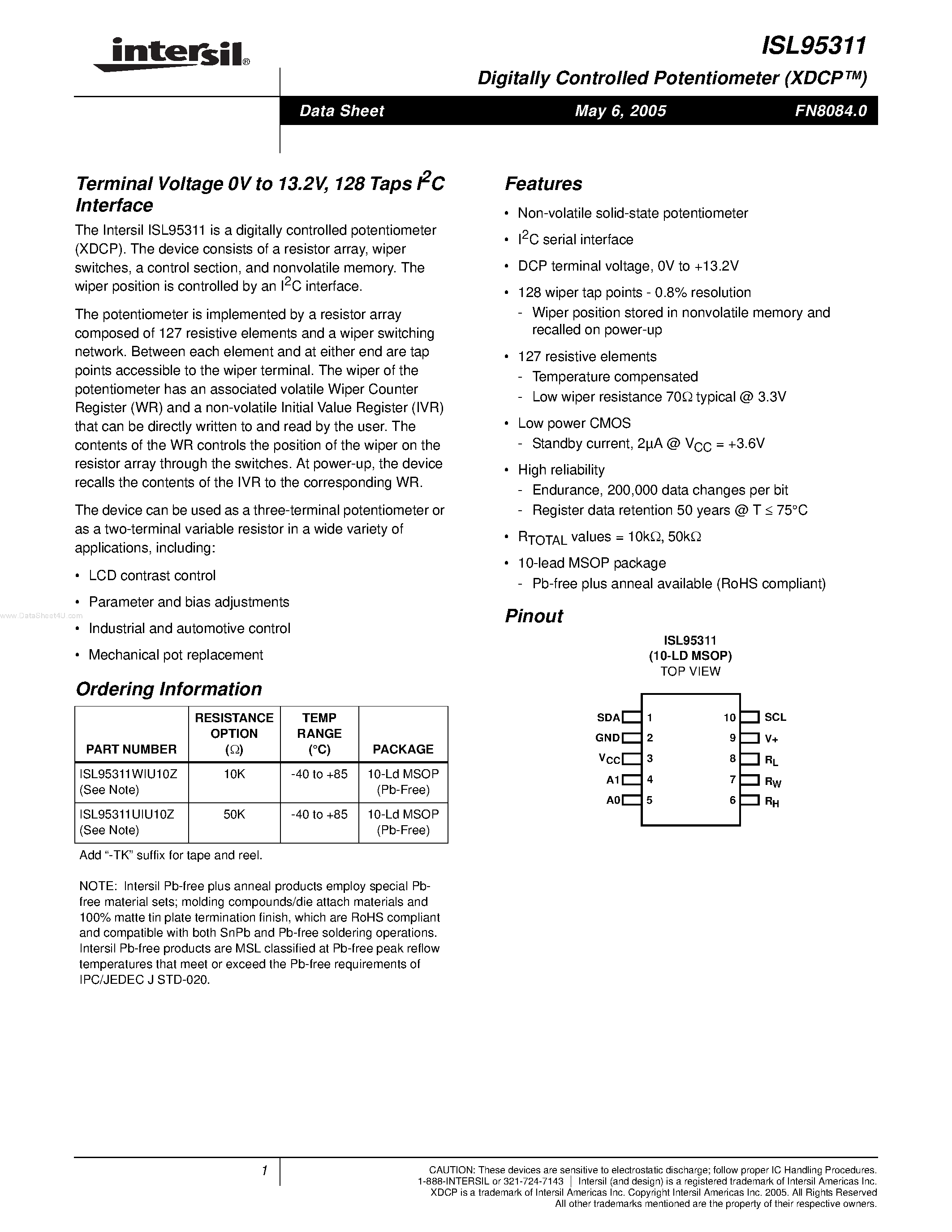 Datasheet ISL95311 - 128 Taps I2C Interface page 1