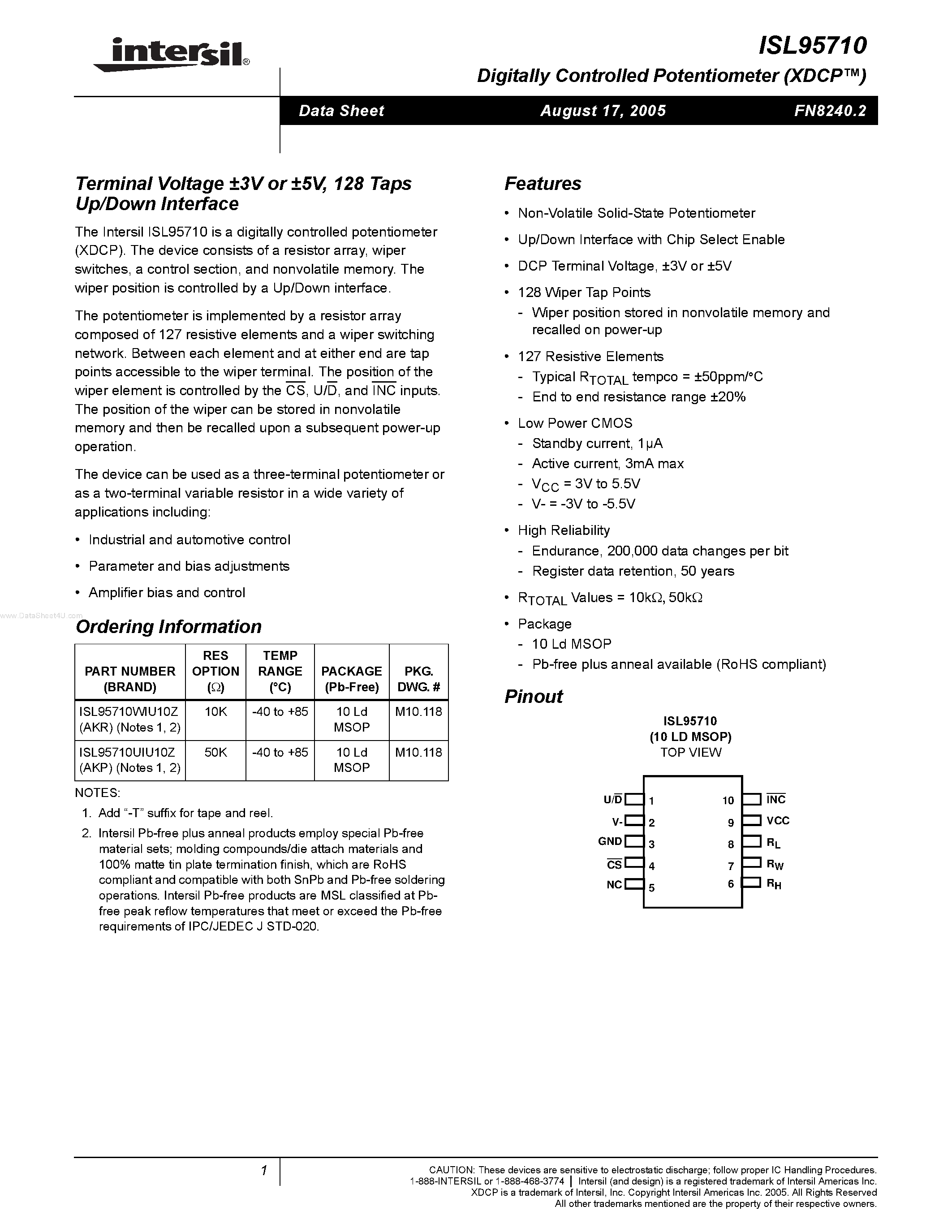 Datasheet ISL95710 - 128 Taps Up/Down Interface page 1