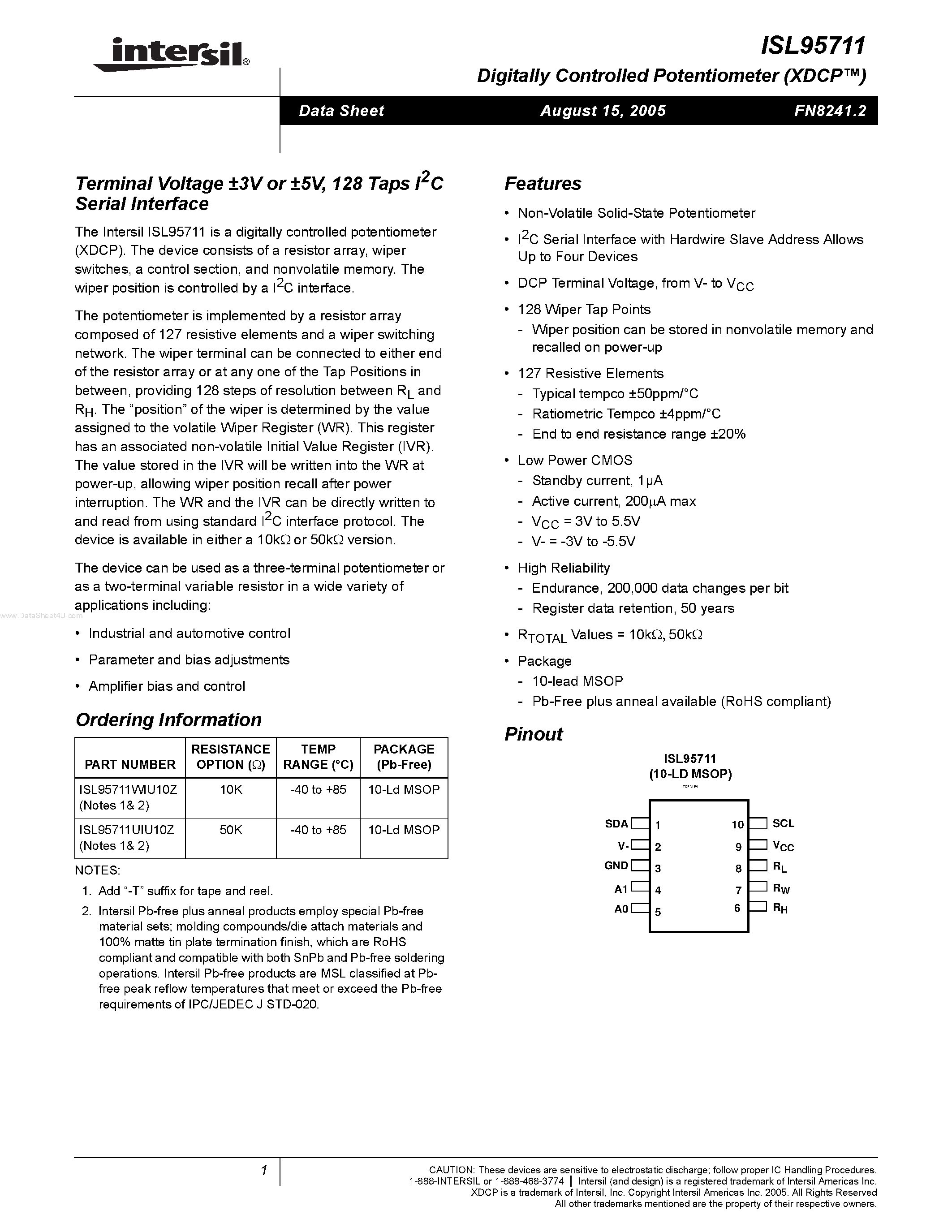 Datasheet ISL95711 - 128 Taps I2C Serial Interface page 1