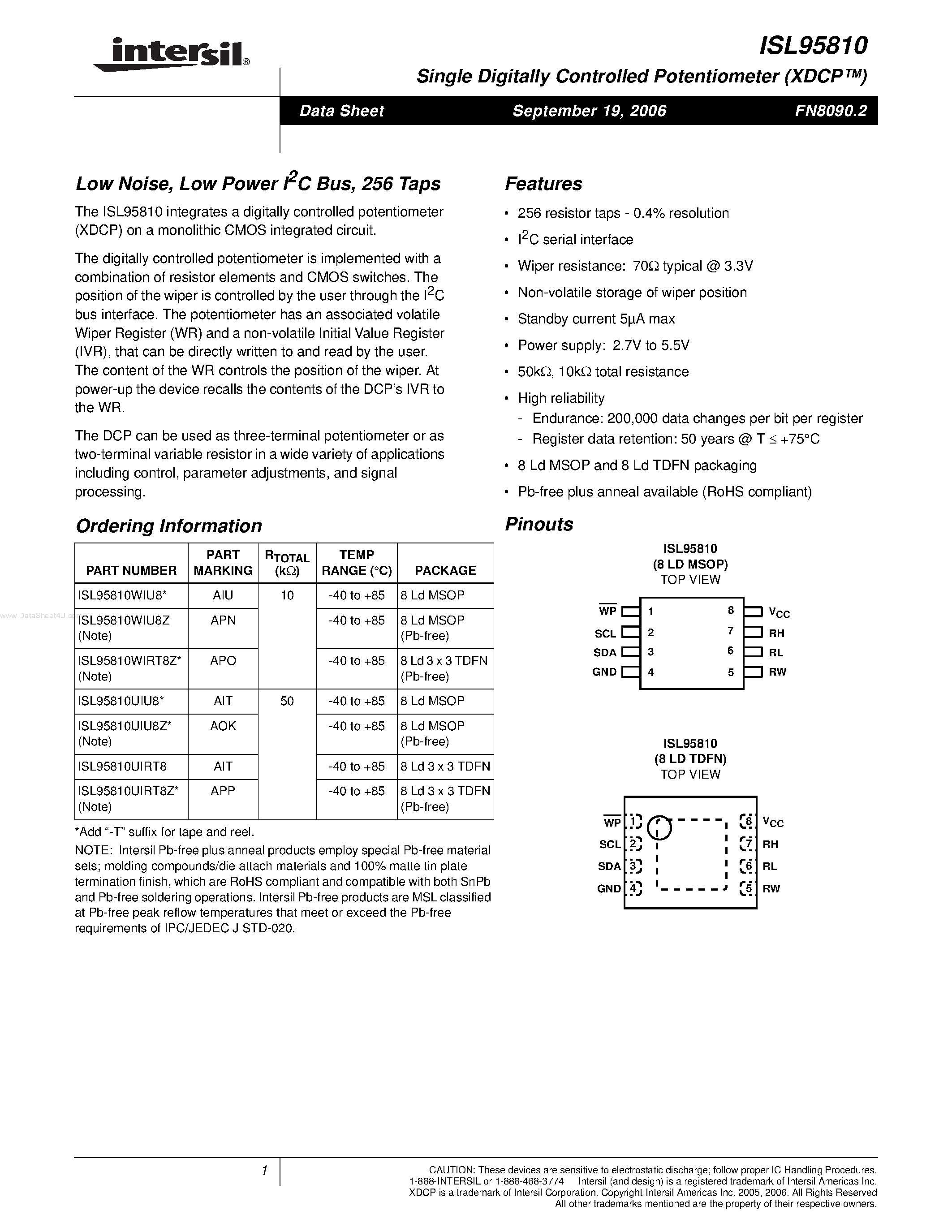 Datasheet ISL95810 - Single Digitally Controlled Potentiometer page 1